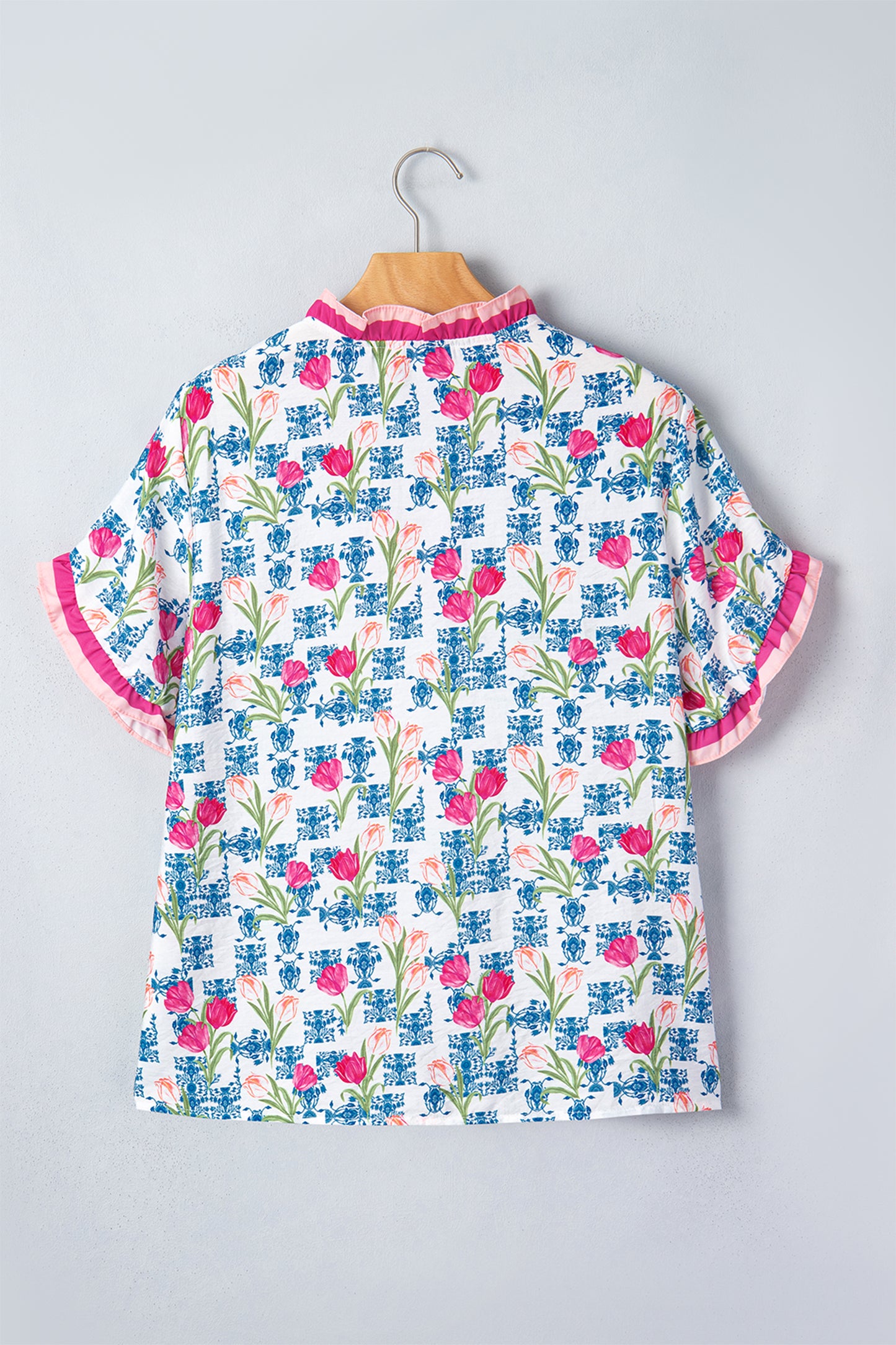 Rose Floral Print Ruffle V-Neck Short Sleeve Loose Tunic Shirt-Tops/Blouses & Shirts-[Adult]-[Female]-2022 Online Blue Zone Planet