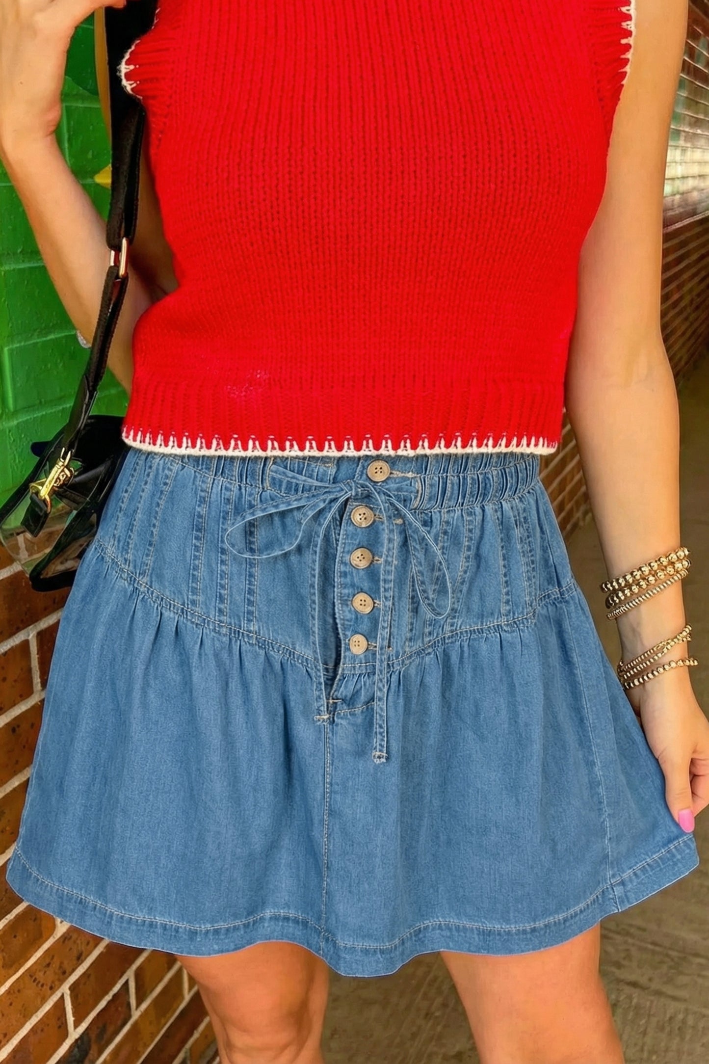 Sky Blue Half Buttons Pleated High Waist Denim Mini Skirt with Drawstring-Bottoms/Skirts & Petticoat-[Adult]-[Female]-Sky Blue-4-2022 Online Blue Zone Planet