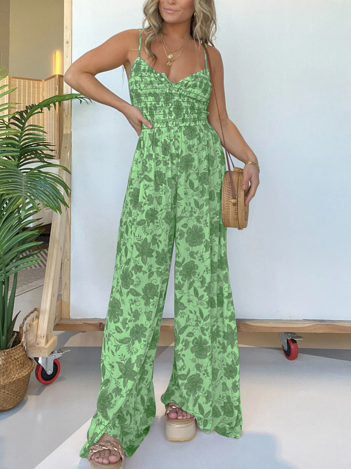 Full Size Printed Spaghetti Strap Wide Leg Jumpsuit-TOPS / DRESSES-[Adult]-[Female]-2022 Online Blue Zone Planet