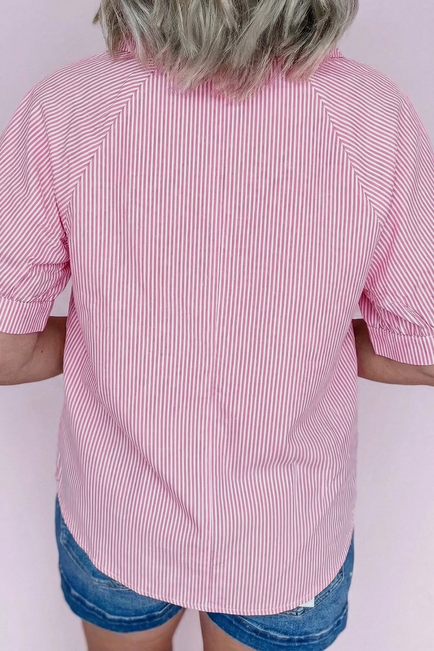Pink Striped Print Collared Split Neck Half Sleeve Blouse-Tops/Blouses & Shirts-[Adult]-[Female]-2022 Online Blue Zone Planet