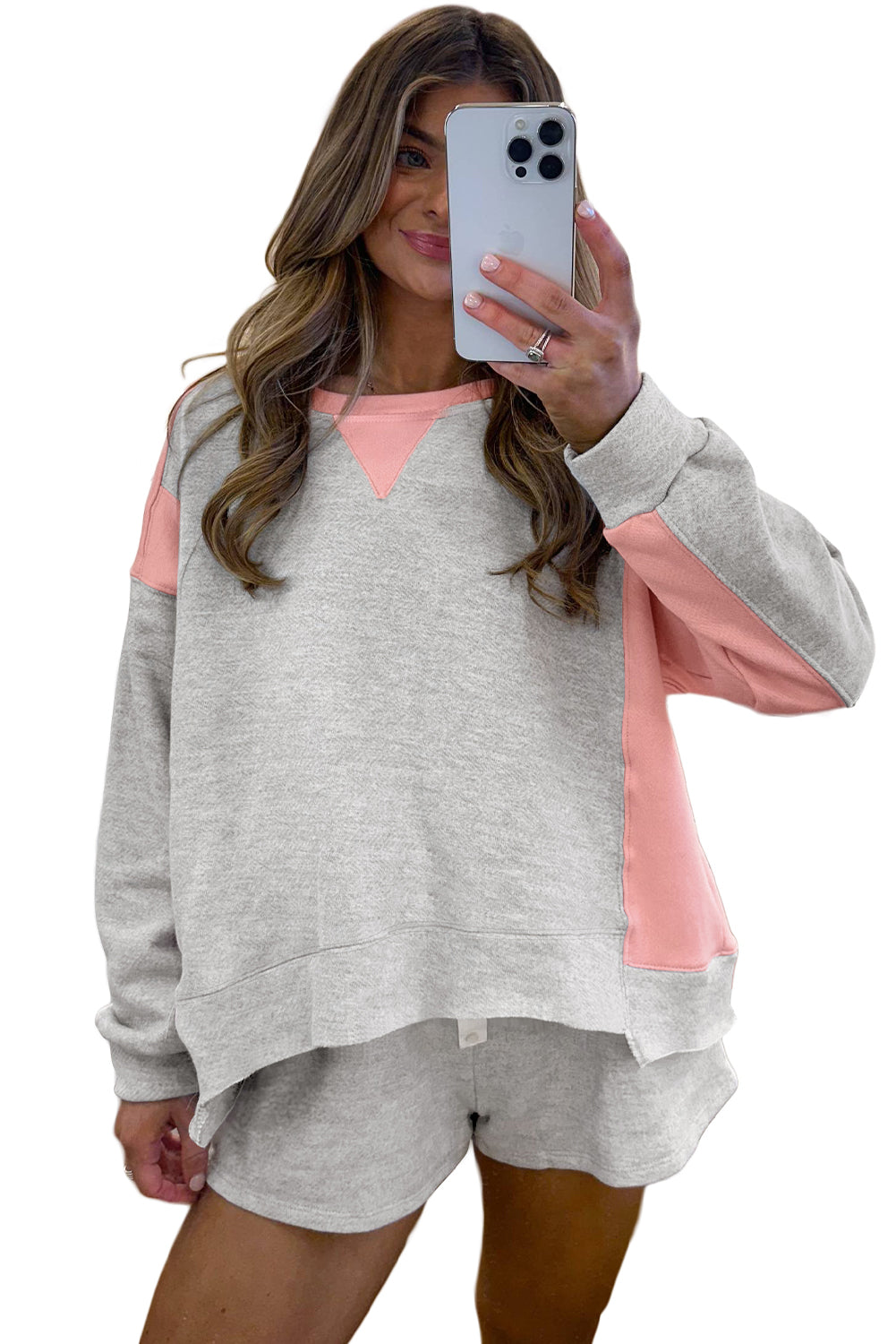 Light Grey Color Block Raw Hem Pullover and Casual Shorts Set-Two Piece Sets/Short Sets-[Adult]-[Female]-2022 Online Blue Zone Planet