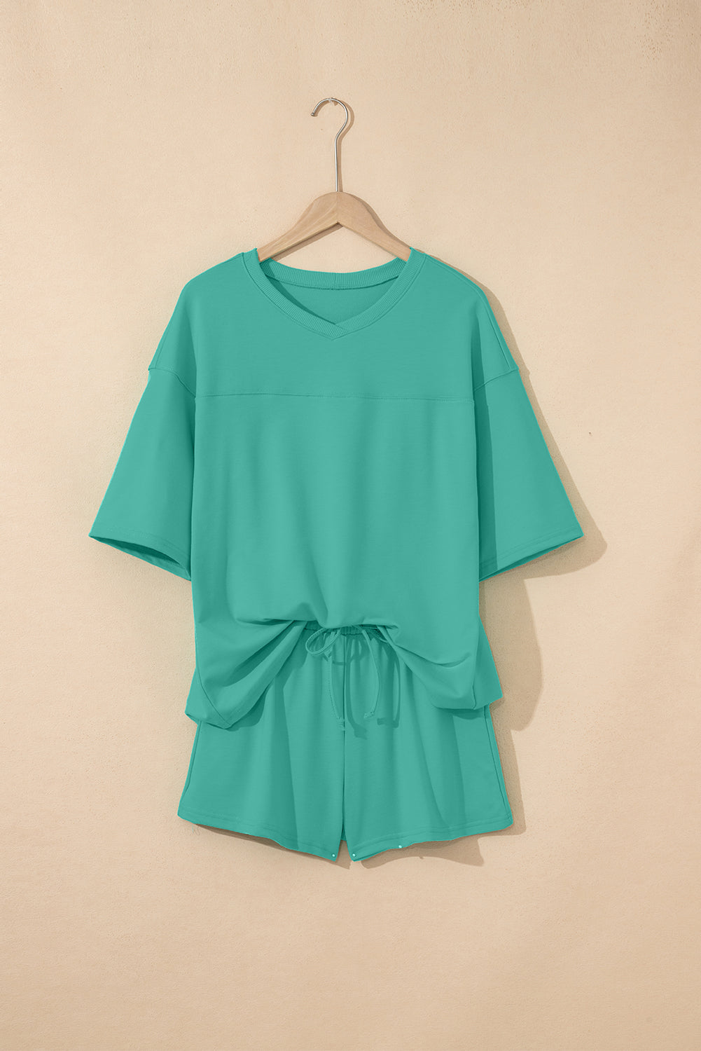 Sea Green Solid Loose V Neck Half Sleeve Tee and Shorts-Two Piece Sets/Short Sets-[Adult]-[Female]-2022 Online Blue Zone Planet