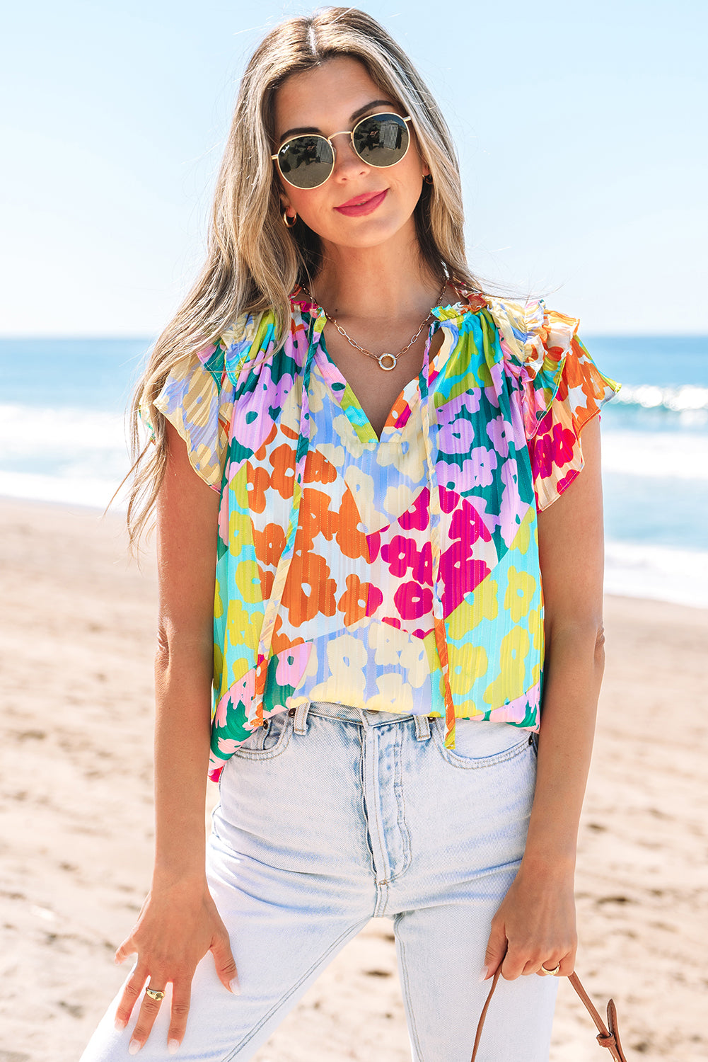 Blue Zone Planet | Multicolour Leopard Flutter Sleeve V Neck Crinkled Blouse-TOPS / DRESSES-[Adult]-[Female]-2022 Online Blue Zone Planet