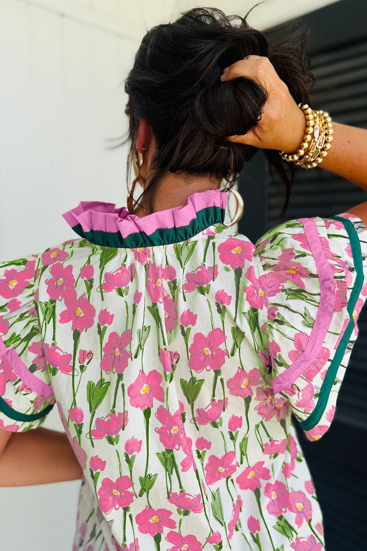 Pink Floral Print Contrast Trim V Neck Double Ruffled Short Sleeve Blouse-Tops/Blouses & Shirts-[Adult]-[Female]-2022 Online Blue Zone Planet