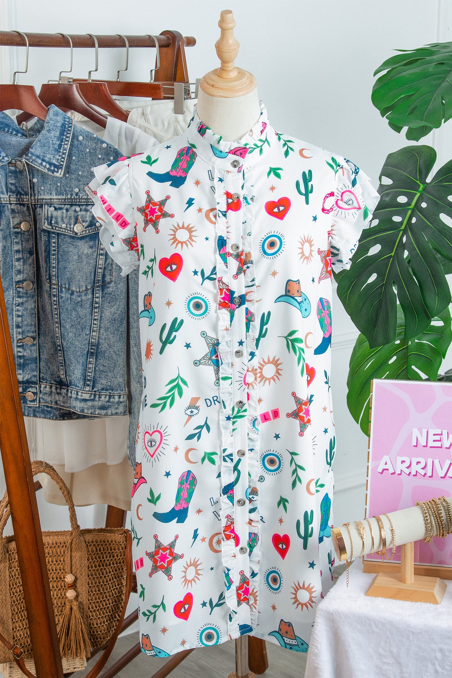White Western Print Flutter Sleeve Button Down Mini Dress-TOPS / DRESSES-[Adult]-[Female]-2022 Online Blue Zone Planet