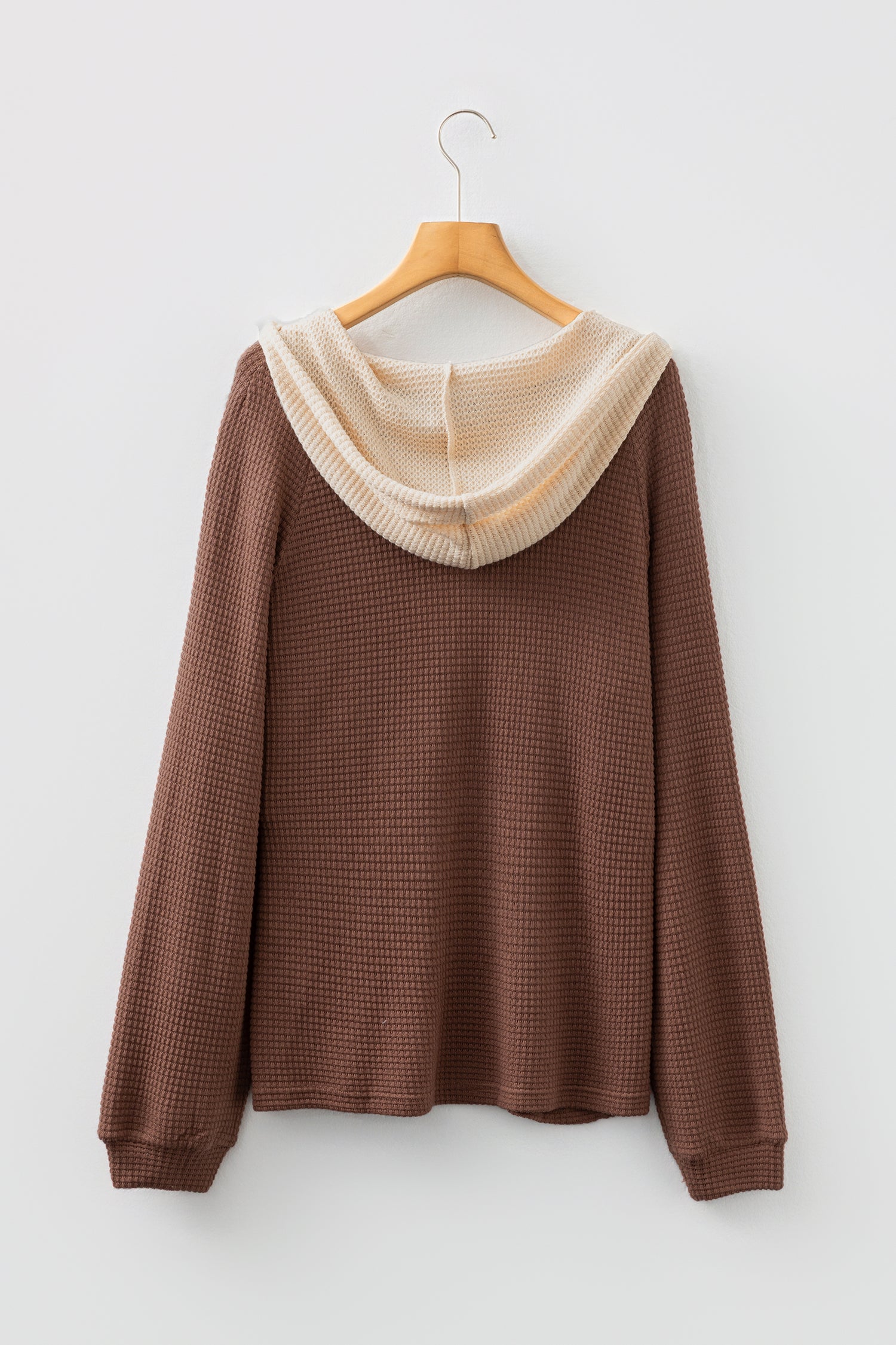 Coffee Waffle Contrast Half Buttoned Hooded Pullover Top-Tops / Dresses-[Adult]-[Female]-2022 Online Blue Zone Planet