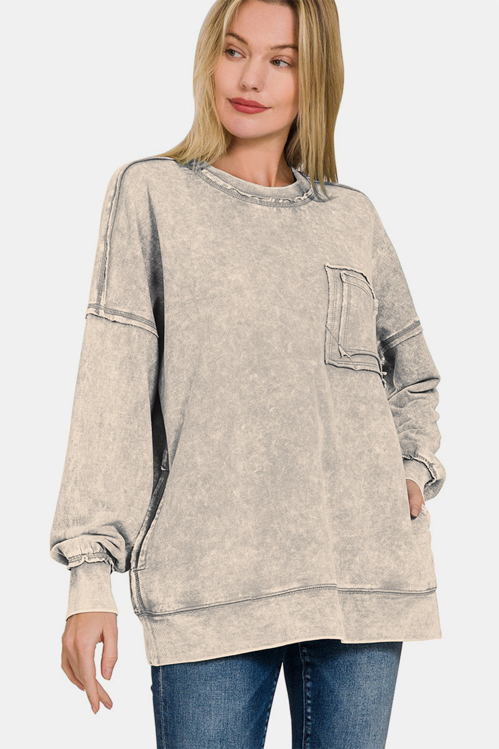 Blue Zone Planet | Zenana Exposed Seam Round Neck Dropped Shoulder Sweatshirt-TOPS / DRESSES-[Adult]-[Female]-2022 Online Blue Zone Planet