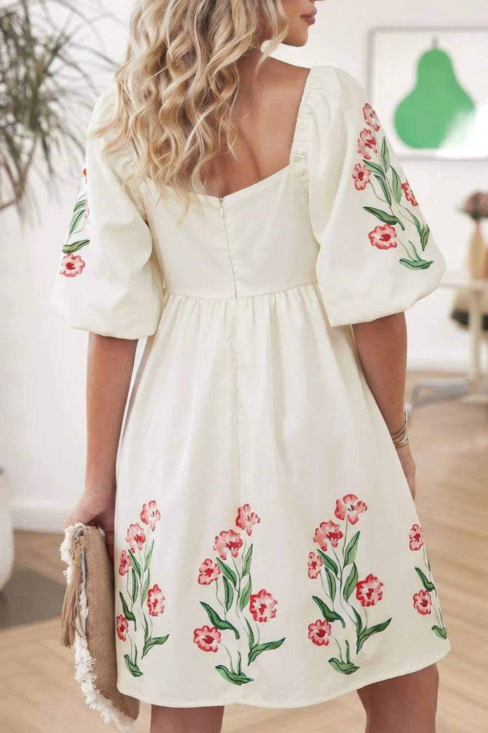 floral embroidered babydoll dress Floral Embroidered Short Sleeve Babydoll Dress: Natural