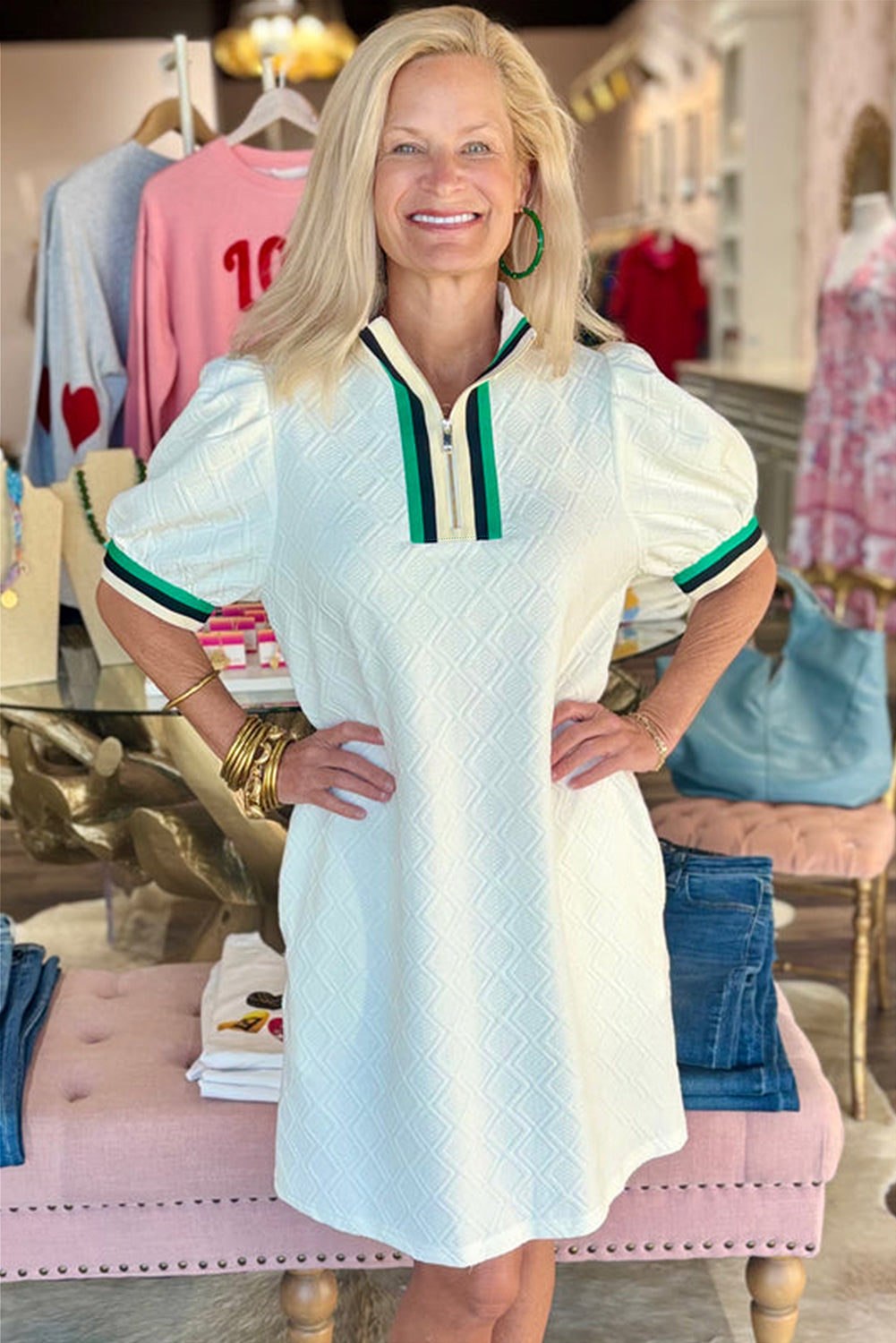 White Textured Jacquard Colorblock Edge Puff Sleeve Quarter Zip Mini Dress-TOPS / DRESSES-[Adult]-[Female]-2022 Online Blue Zone Planet