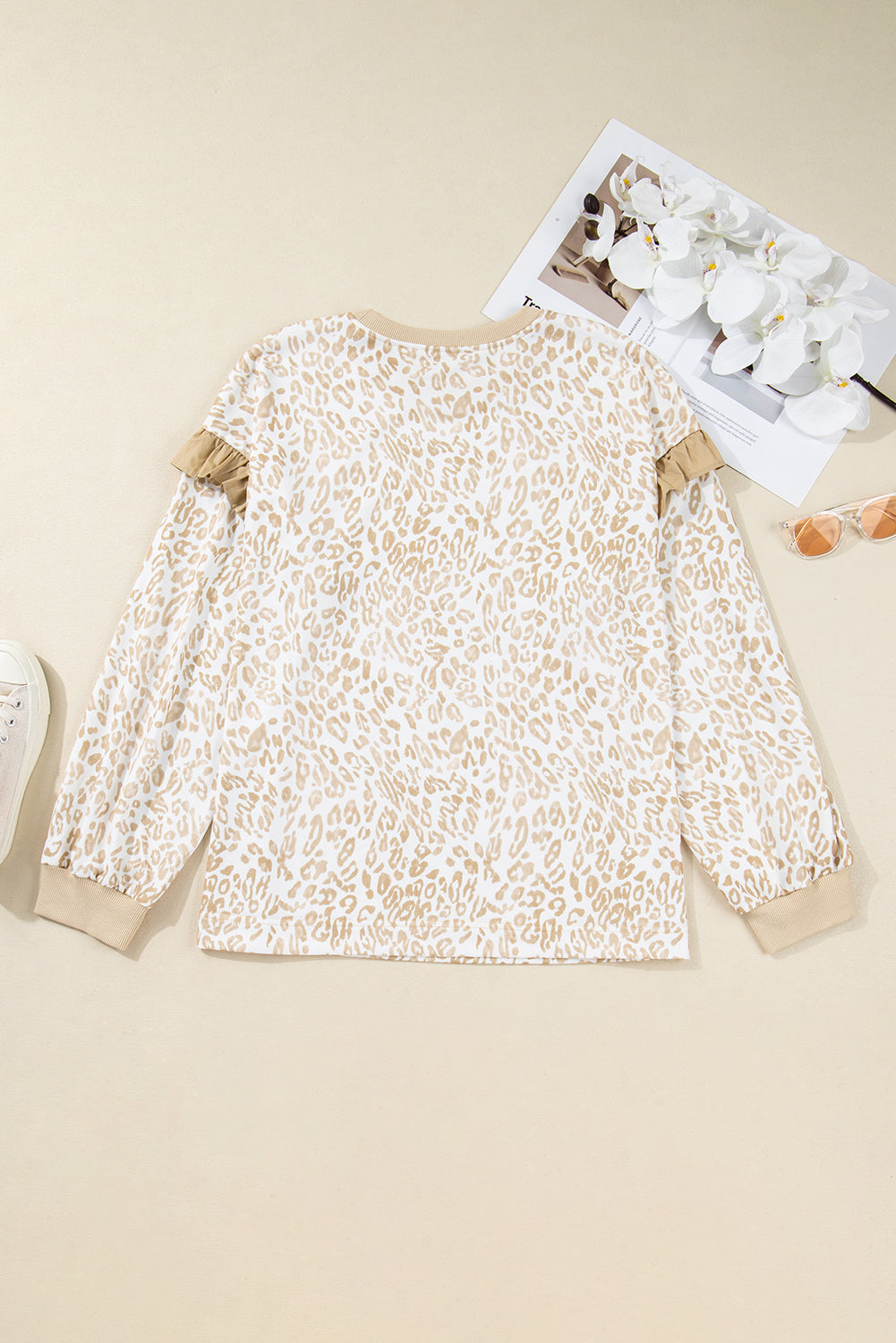 Khaki Plus Size Ruffled Arm Leopard Sweatshirt-Plus Size/Plus Size Sweatshirts & Hoodies-[Adult]-[Female]-2022 Online Blue Zone Planet