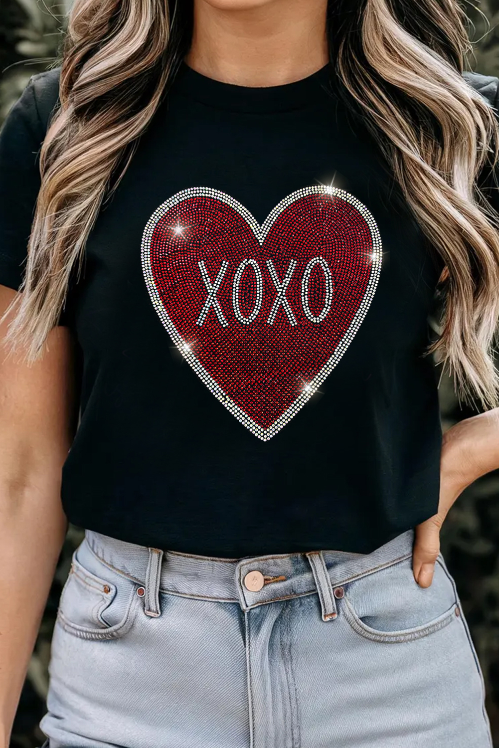 Black Rhinestone XOXO Heart Graphic Crewneck Tee-Graphic Tees-[Adult]-[Female]-Black-S-2022 Online Blue Zone Planet