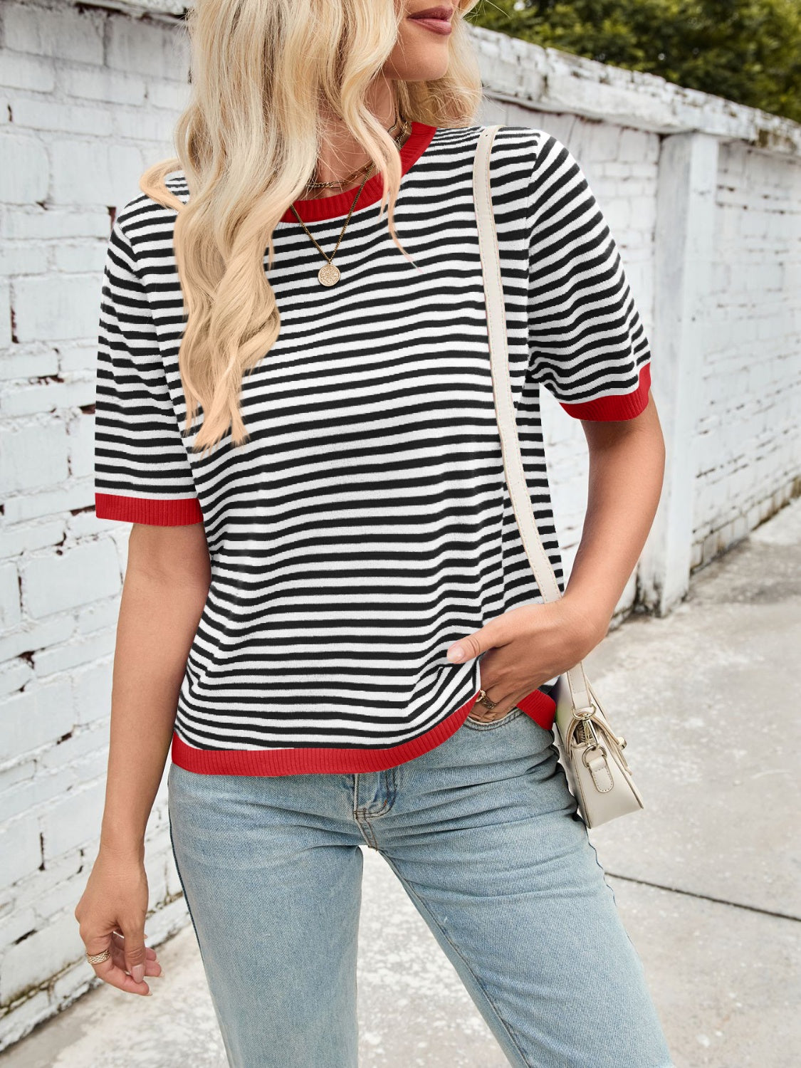 Lovelet Striped Contrast Round Neck Half Sleeve Knit Top-TOPS / DRESSES-[Adult]-[Female]-2022 Online Blue Zone Planet