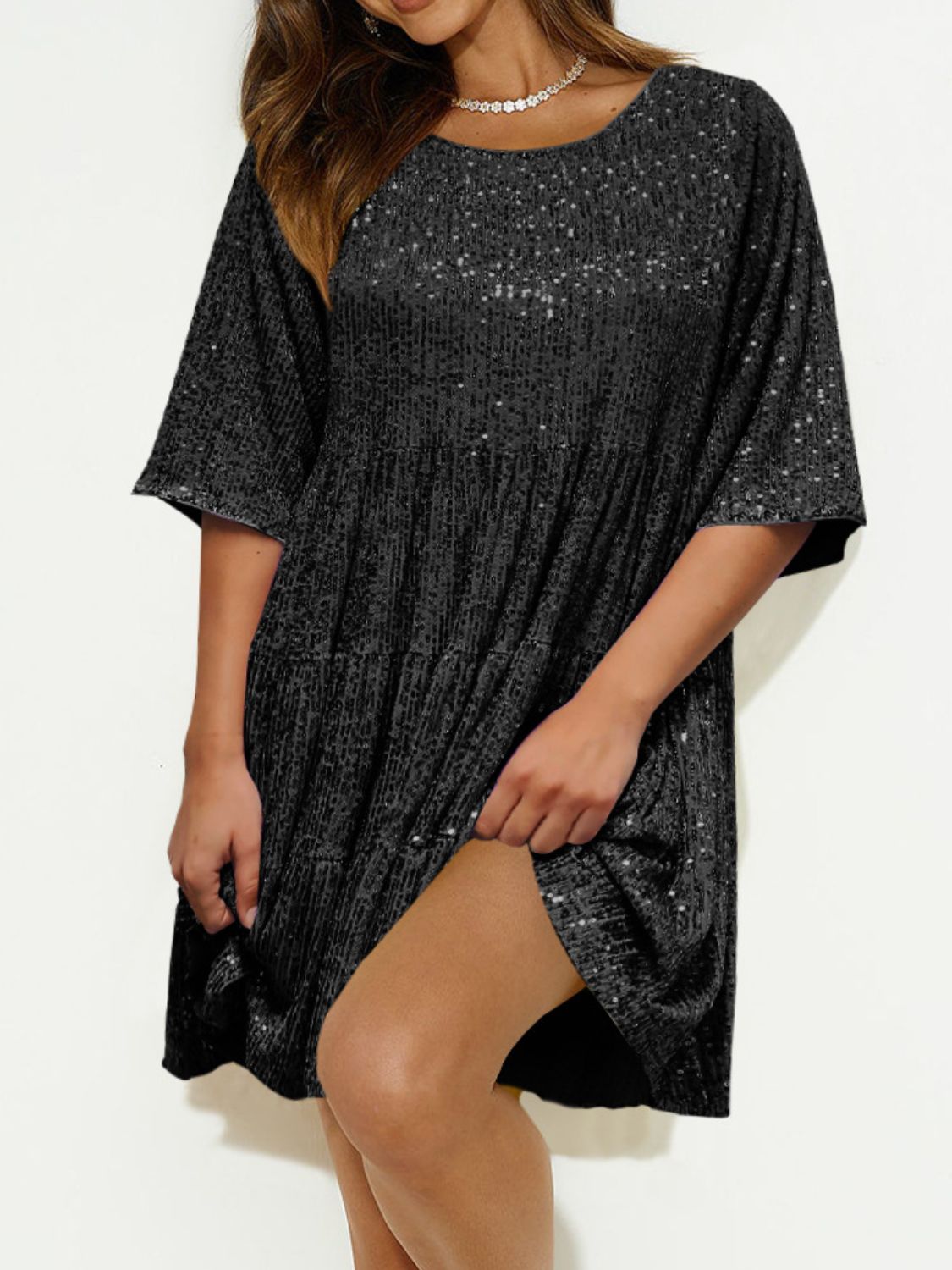 Sequin Round Neck Half Sleeve Mini Dress-TOPS / DRESSES-[Adult]-[Female]-Black-S-2022 Online Blue Zone Planet