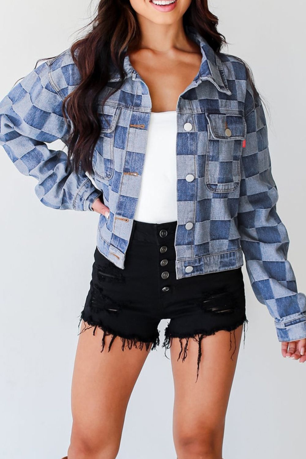 Checkered Button Up Denim Jacket-TOPS / DRESSES-[Adult]-[Female]-2022 Online Blue Zone Planet