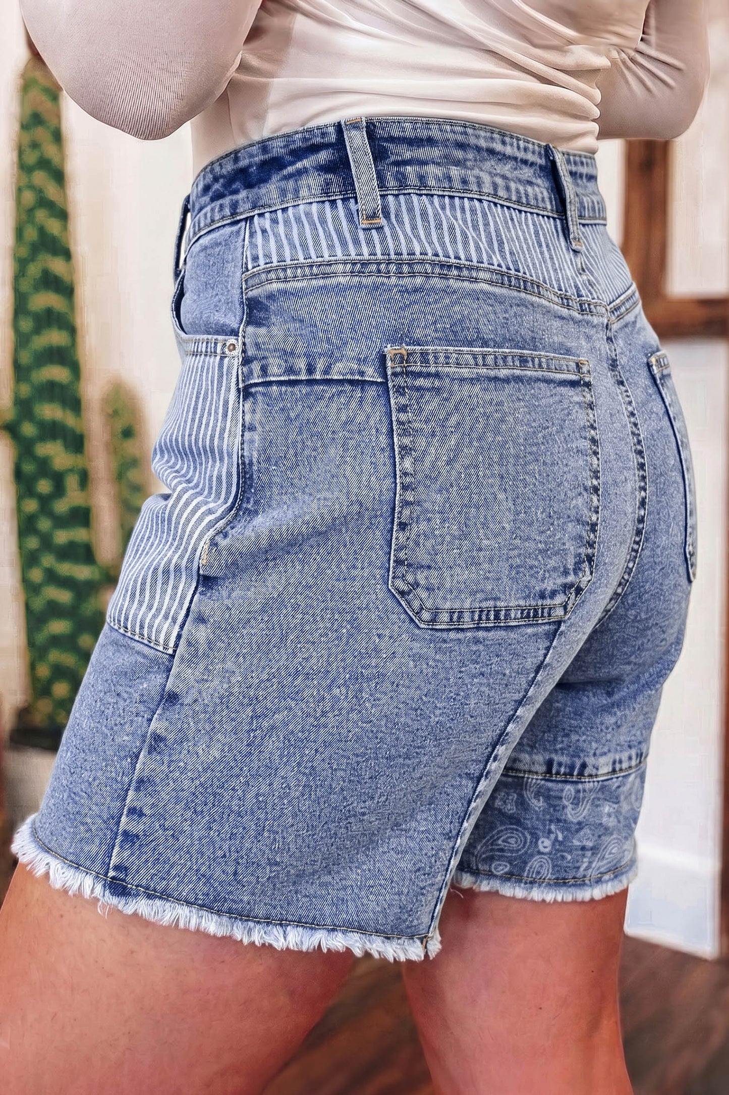 Sky Blue Striped Paisley Mixed Patchwork Raw Hem Denim Shorts-Bottoms/Denim Shorts-[Adult]-[Female]-2022 Online Blue Zone Planet