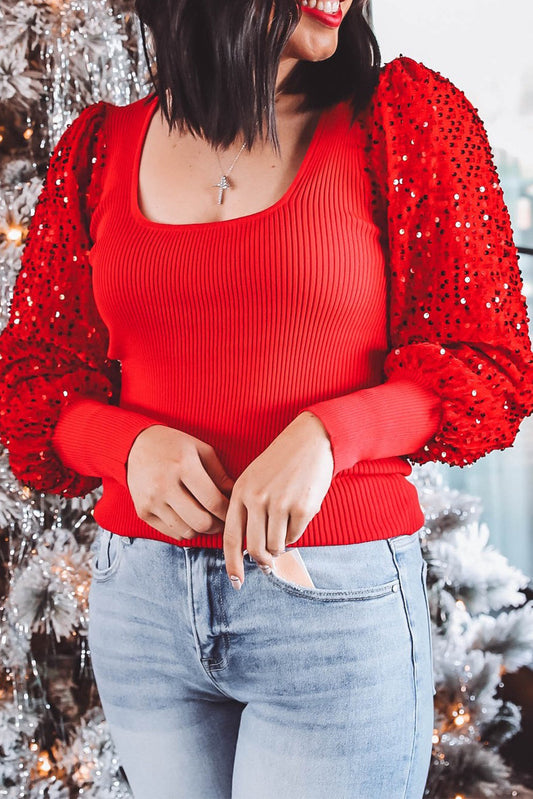 Fiery Red Sequin Sleeve Patchwork Ribbing Knit Square Neck Holiday Sweater-Sweaters & Cardigans/Sweaters-[Adult]-[Female]-Fiery Red-S-2022 Online Blue Zone Planet