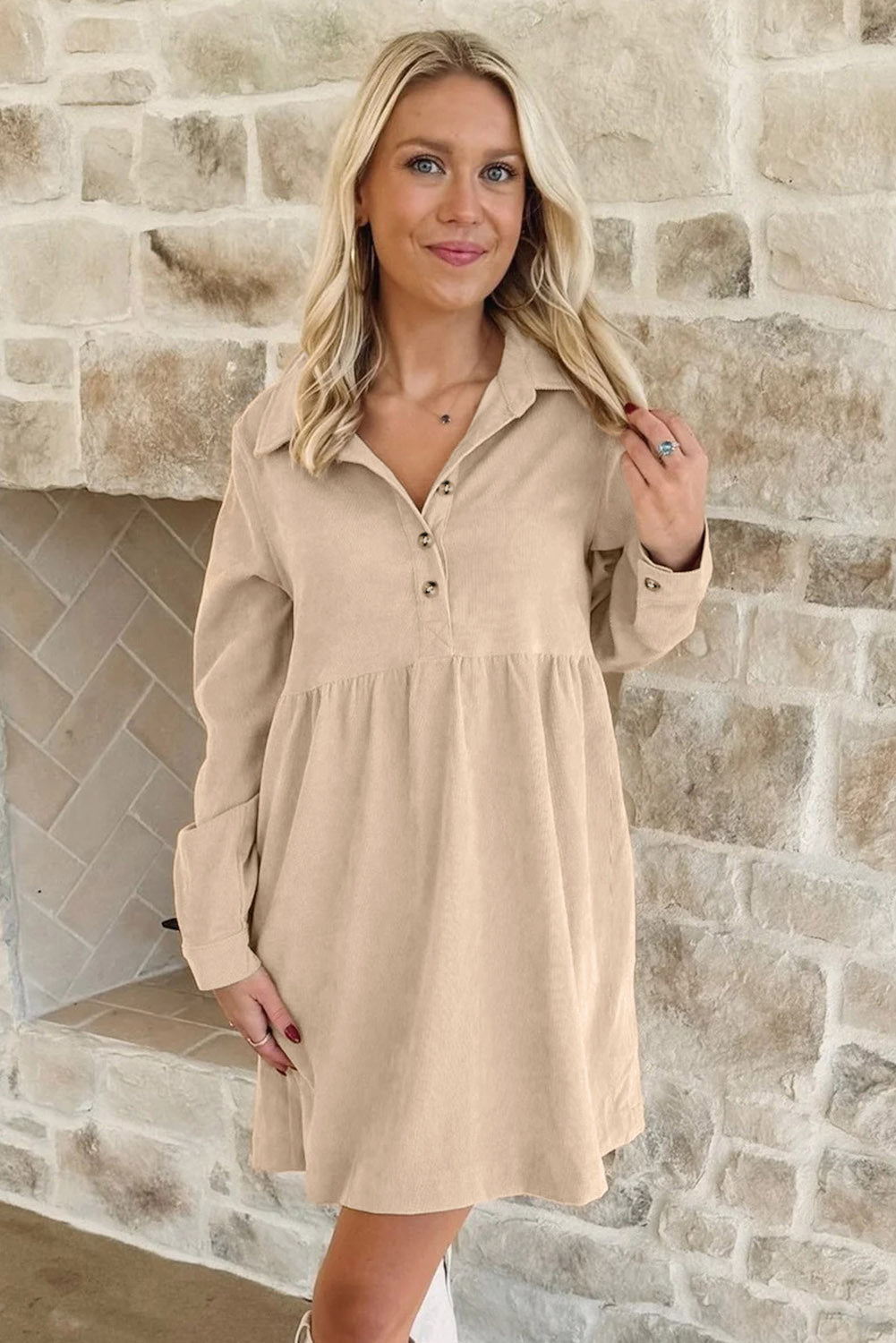 Oatmeal Corduroy Half Button Collared Long Sleeve Mini Dress-TOPS / DRESSES-[Adult]-[Female]-2022 Online Blue Zone Planet