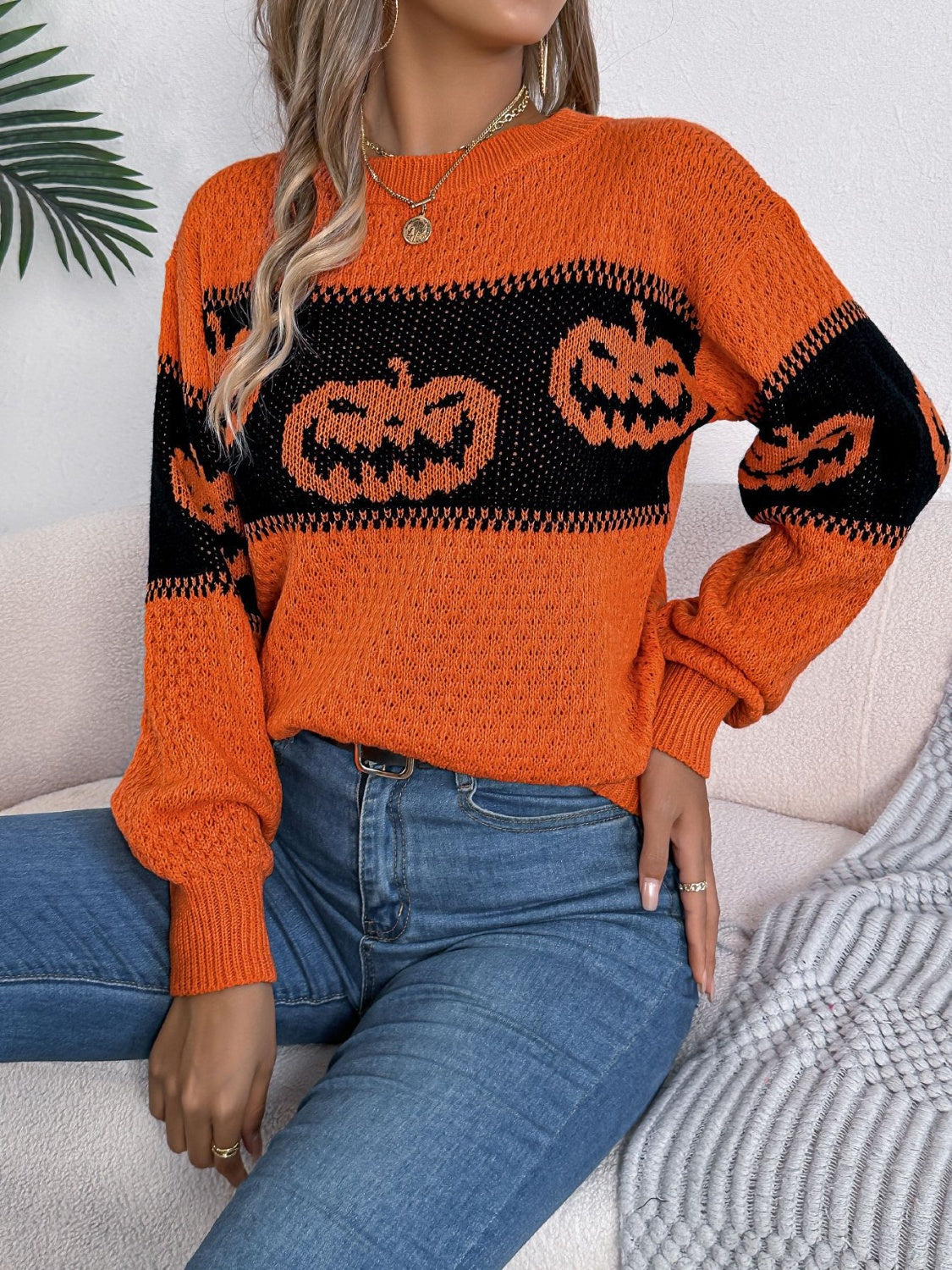 Pumpkin Round Neck Long Sleeve Sweater-TOPS / DRESSES-[Adult]-[Female]-2022 Online Blue Zone Planet