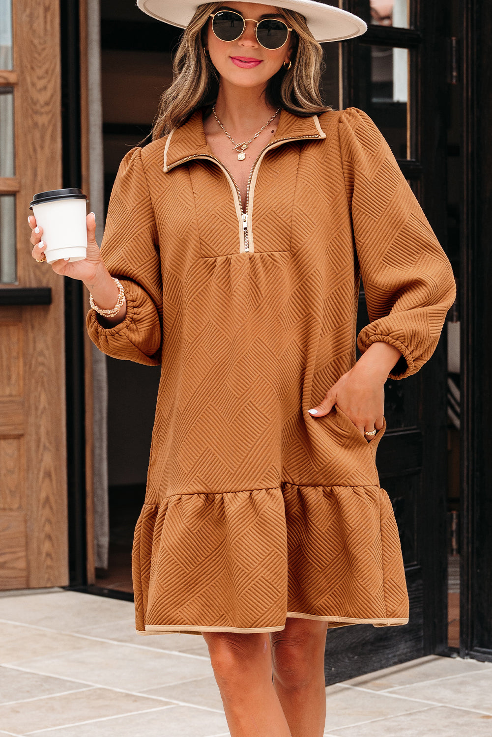 Desert Gold Quarter Zip Collar Bracelet Sleeve Textured Mini Dress-TOPS / DRESSES-[Adult]-[Female]-2022 Online Blue Zone Planet