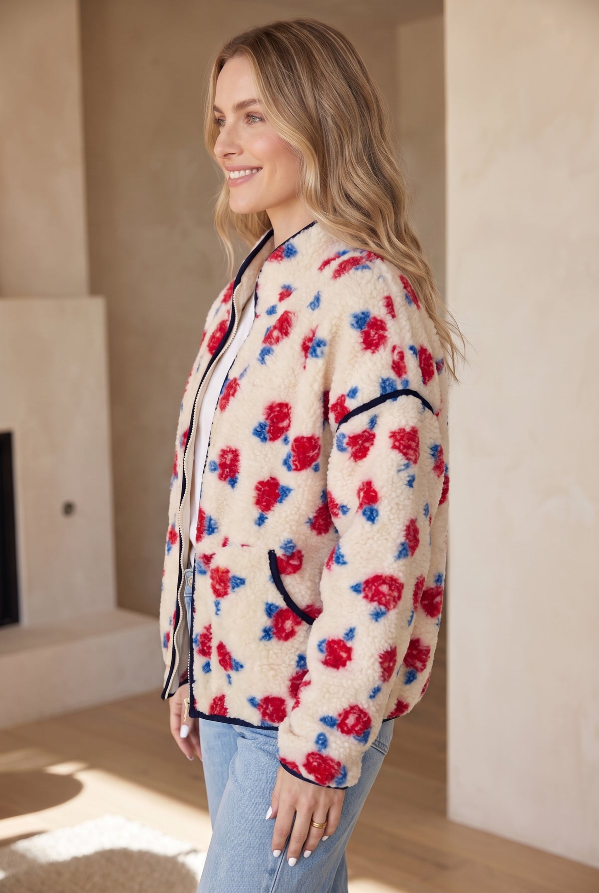 White Floral Print Zipper Stand Neck Outerwear Fleece Coat