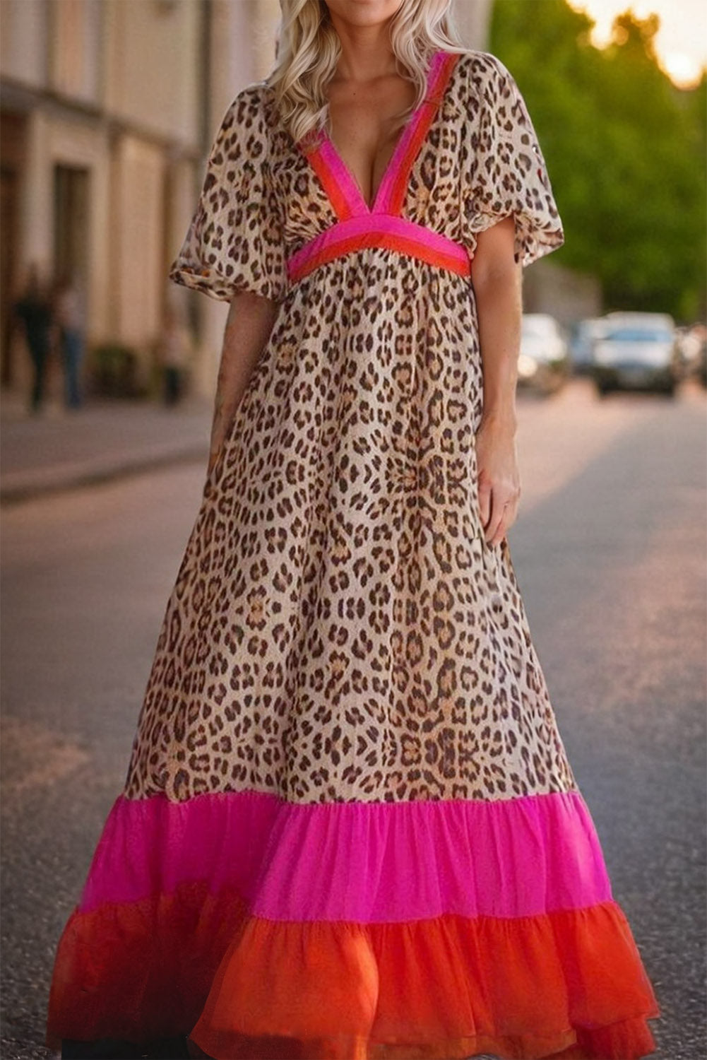 Full Size Leopard V-Neck Half Sleeve Maxi Dress-TOPS / DRESSES-[Adult]-[Female]-Leopard-S-2022 Online Blue Zone Planet