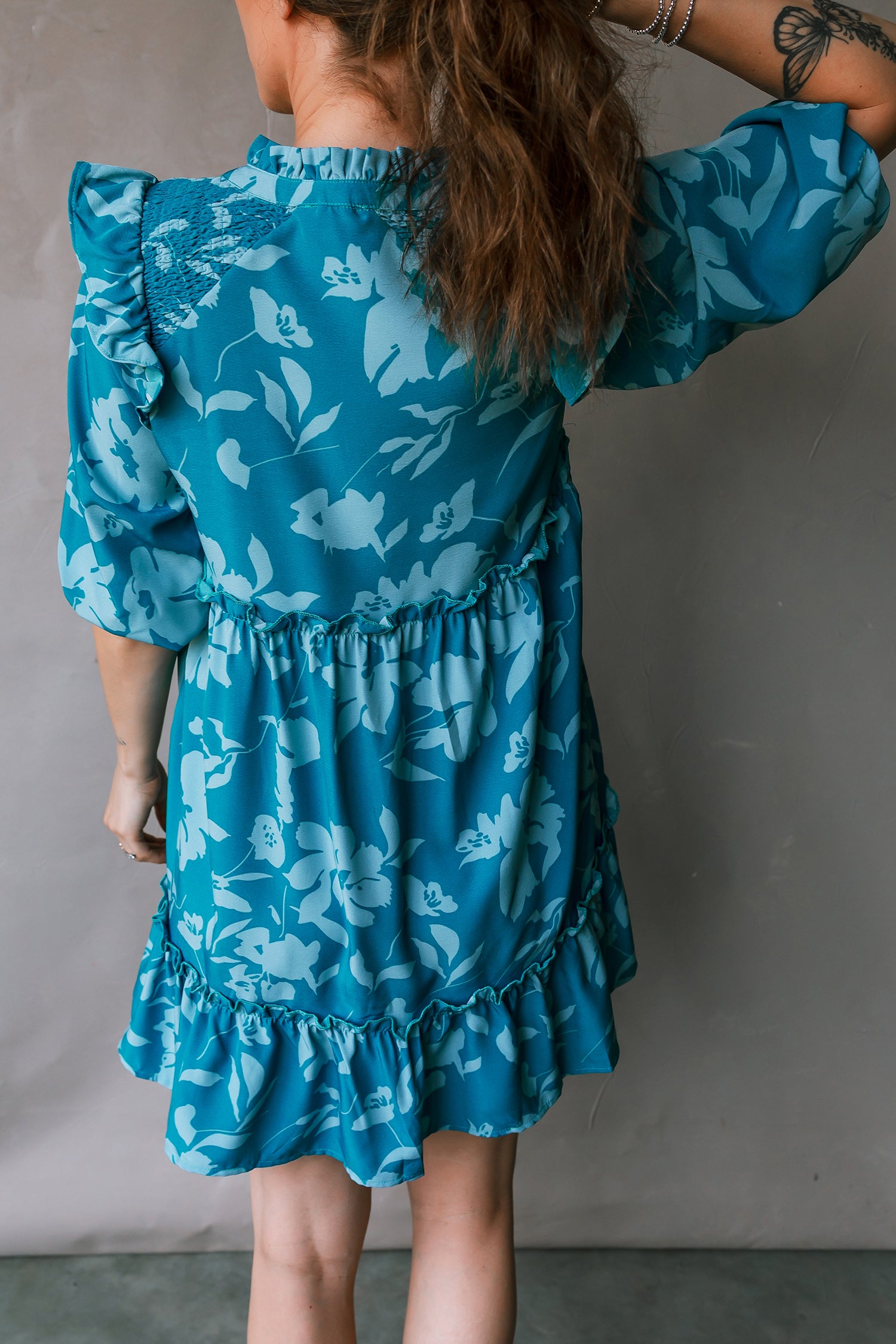 Blue Flower Half Sleeve Tiered Ruffled Mini Dress-TOPS / DRESSES-[Adult]-[Female]-2022 Online Blue Zone Planet