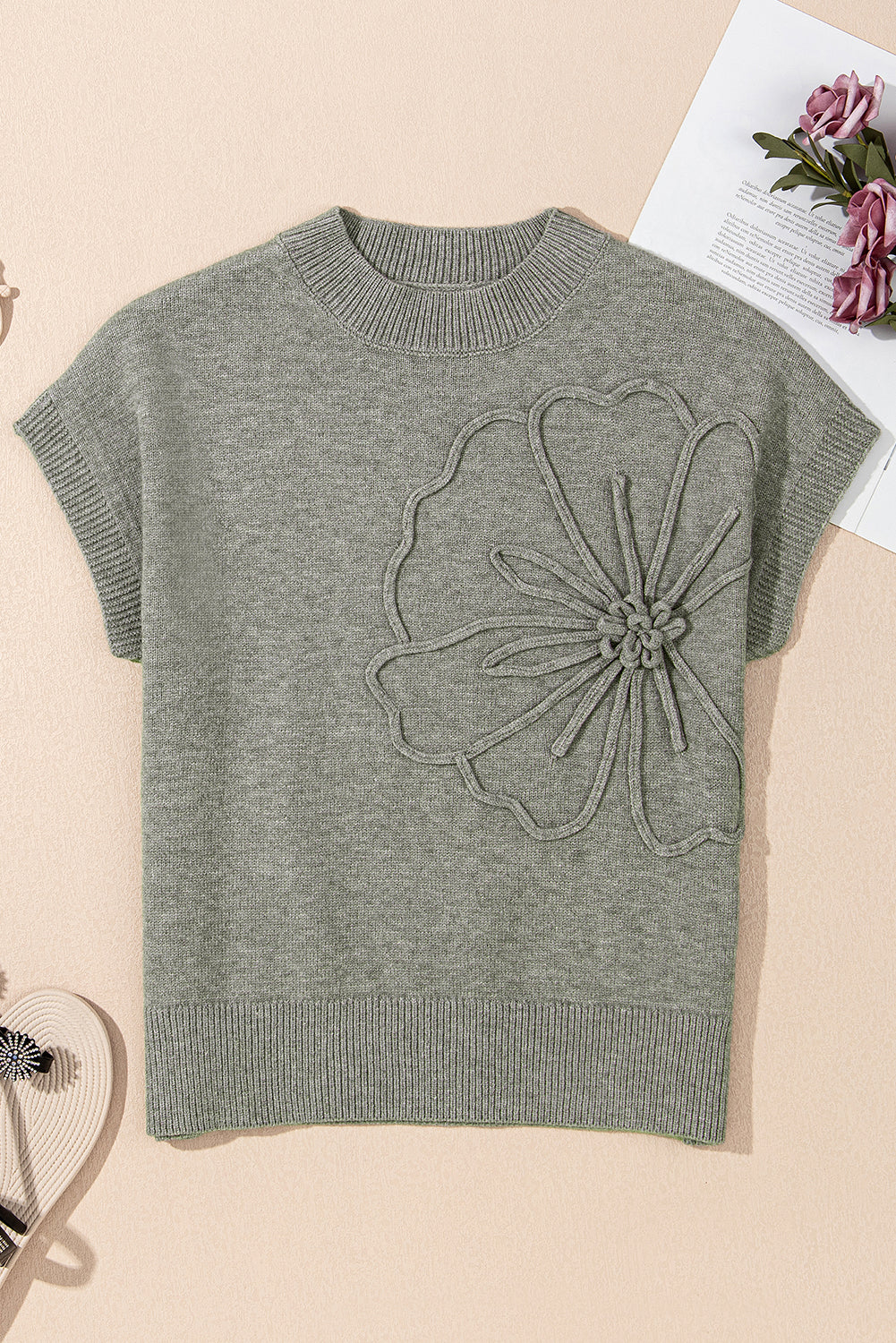 High Flower Pattern Ribbed Trim Short Sleeve Boxy Sweater-TOPS / DRESSES-[Adult]-[Female]-2022 Online Blue Zone Planet