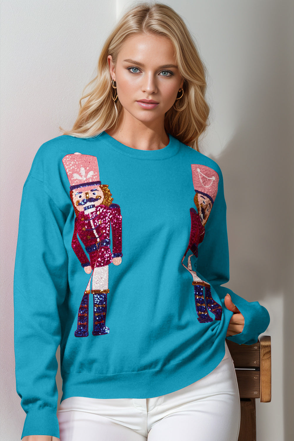 Blue Zone Planet | Double Take Full Size Nutcracker Sequin Long Sleeve Sweater-TOPS / DRESSES-[Adult]-[Female]-Cerulean-S/M-2022 Online Blue Zone Planet