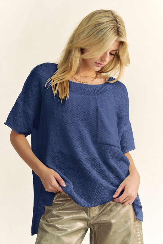 Davi & Dani High-Low Round Neck Knit Top-TOPS / DRESSES-[Adult]-[Female]-Dark Blue-S-2022 Online Blue Zone Planet