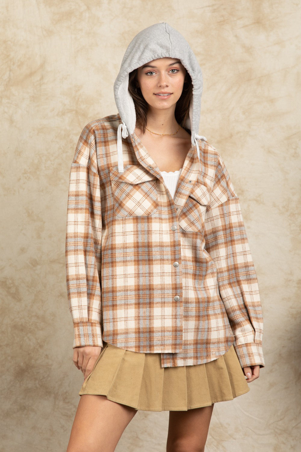 Drawstring Plaid Long Sleeve Hooded Jacket-TOPS / DRESSES-[Adult]-[Female]-Camel-S-2022 Online Blue Zone Planet