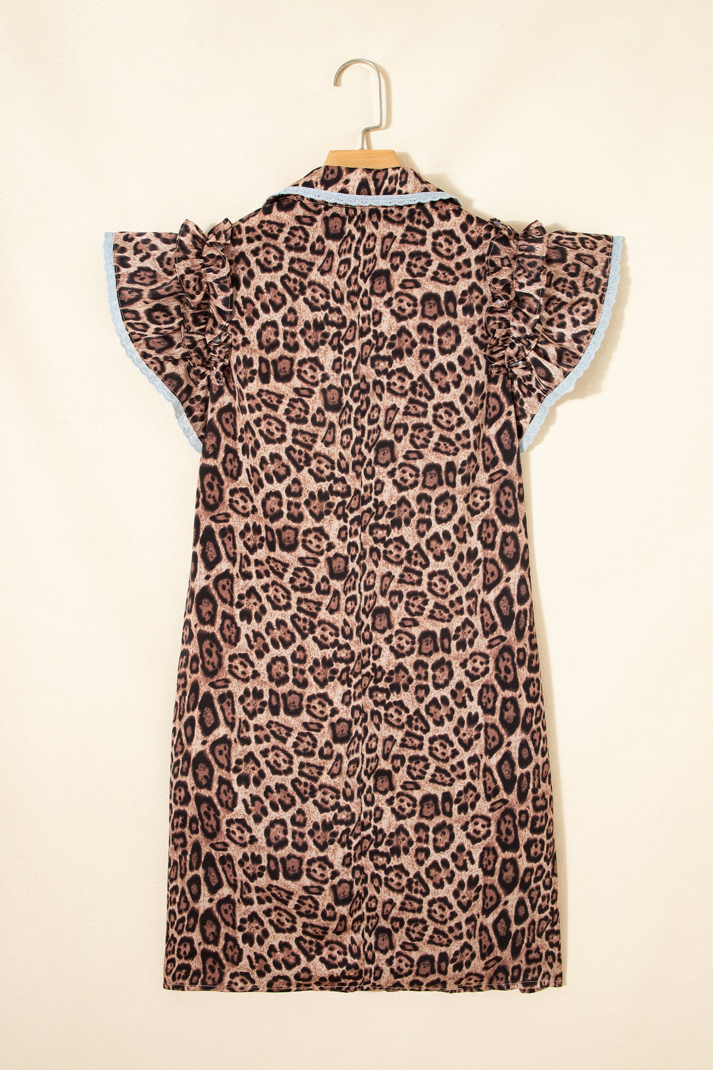 Khaki Leopard Print Lace Trim Shirt Collar Button Down Loose Mini Dress-Dresses/Mini Dresses-[Adult]-[Female]-2022 Online Blue Zone Planet