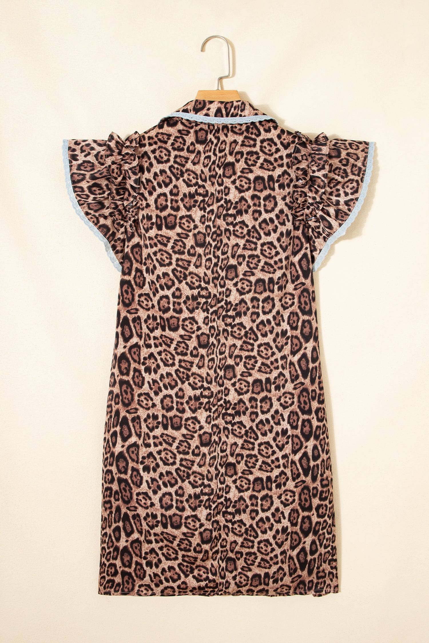 Khaki Leopard Print Lace Trim Shirt Collar Button Down Loose Mini Dress-Dresses/Mini Dresses-[Adult]-[Female]-2022 Online Blue Zone Planet