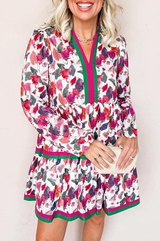 Purple Floral Print Contrast Striped Detail Long Sleeve Mini Dress-TOPS / DRESSES-[Adult]-[Female]-Purple-S-2022 Online Blue Zone Planet