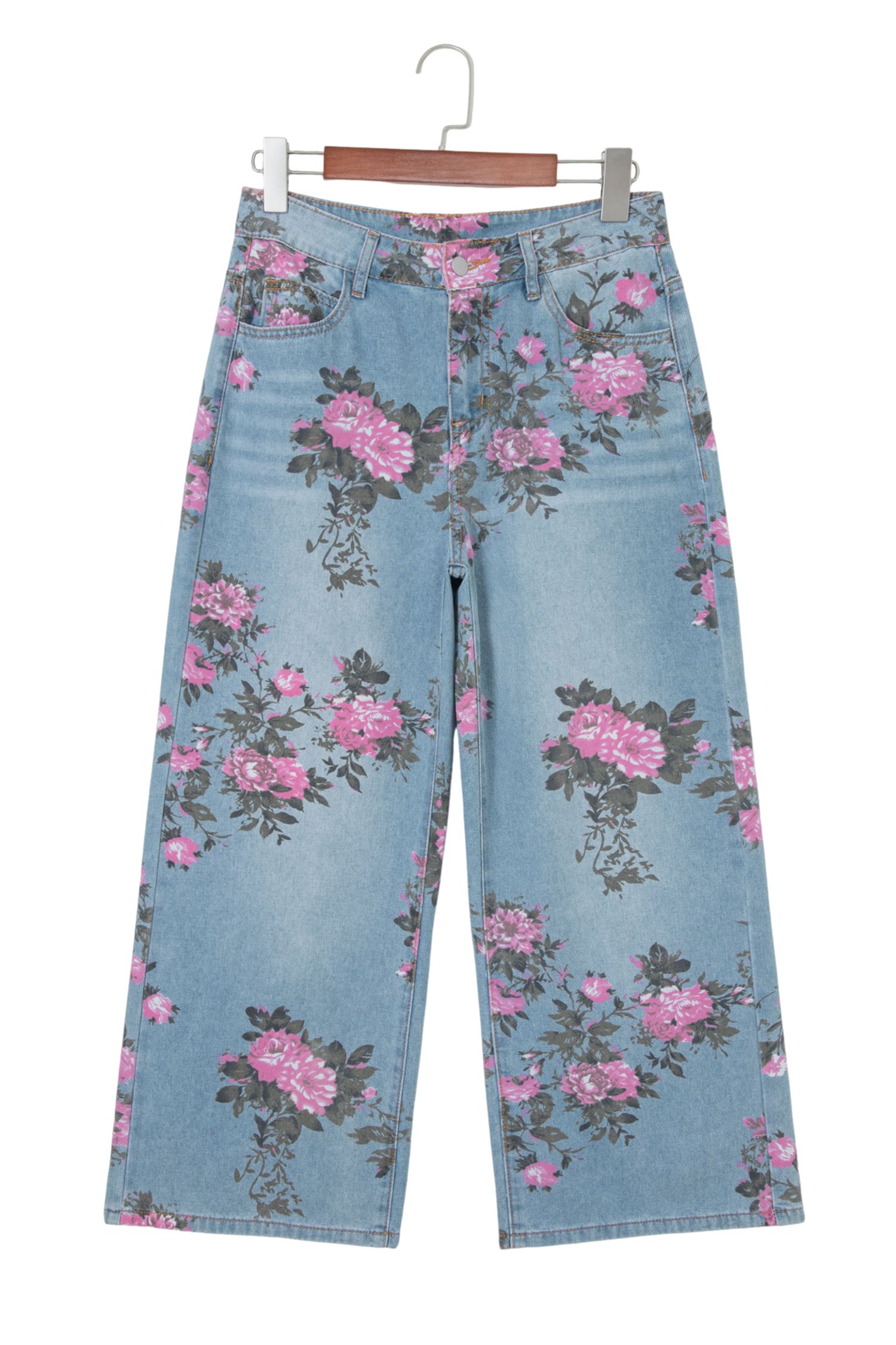 Sky Blue Garden Floral Print Bootcut Jeans-Bottoms/Jeans-[Adult]-[Female]-2022 Online Blue Zone Planet