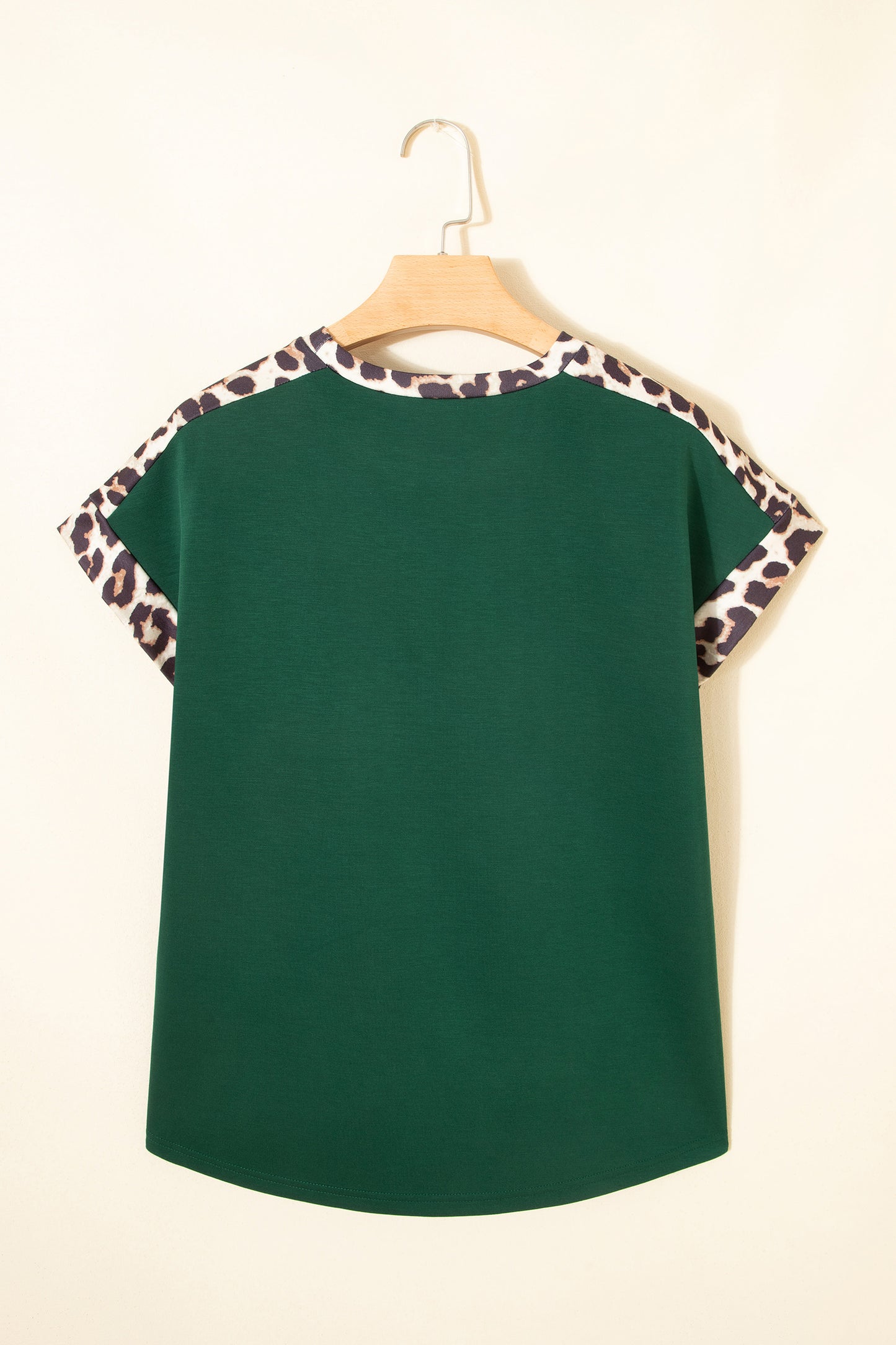 Sea Green Leopard Trim Round Neck Loose T Shirt-Tops/Tops & Tees-[Adult]-[Female]-2022 Online Blue Zone Planet