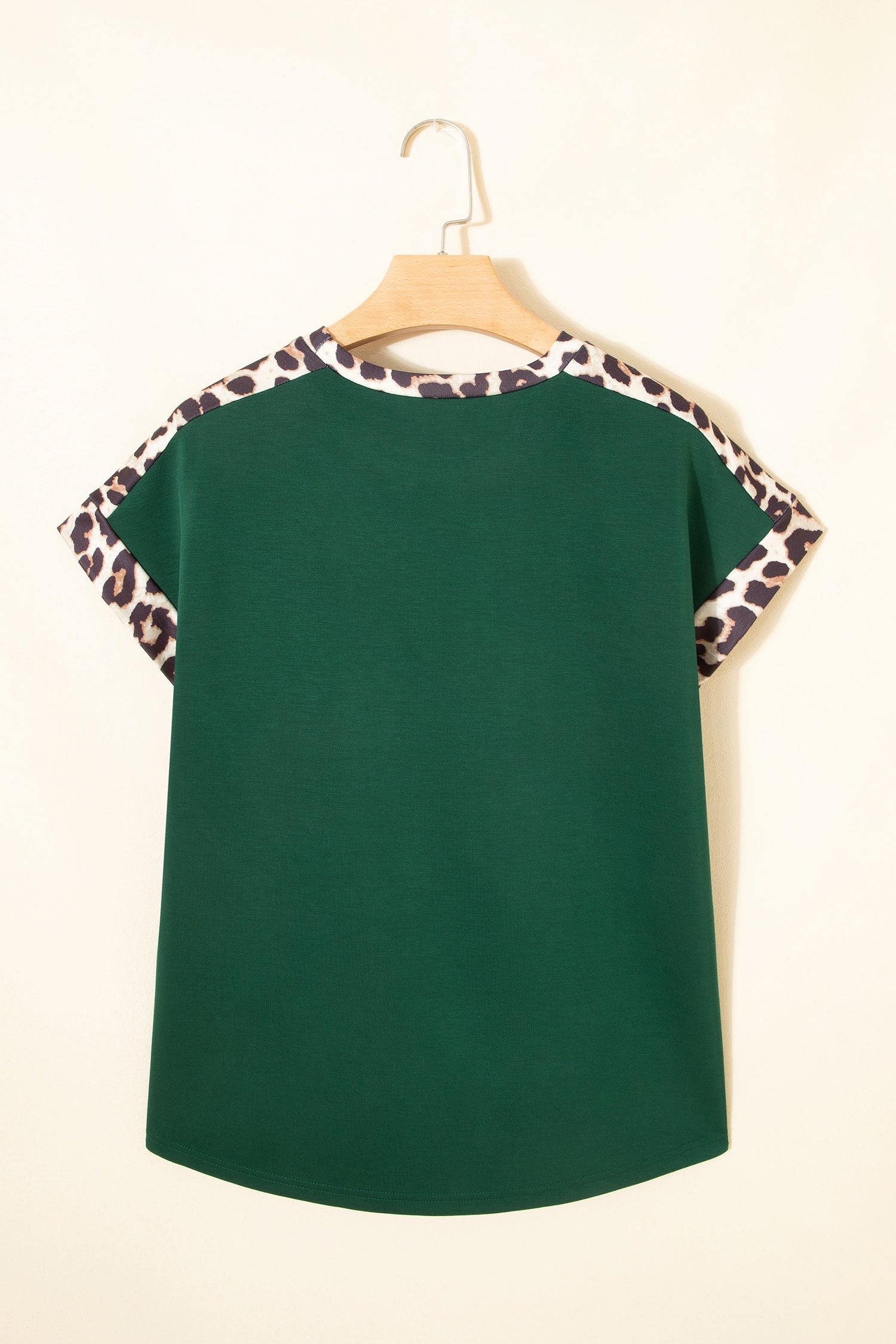 Sea Green Leopard Trim Round Neck Loose T Shirt-Tops/Tops & Tees-[Adult]-[Female]-2022 Online Blue Zone Planet