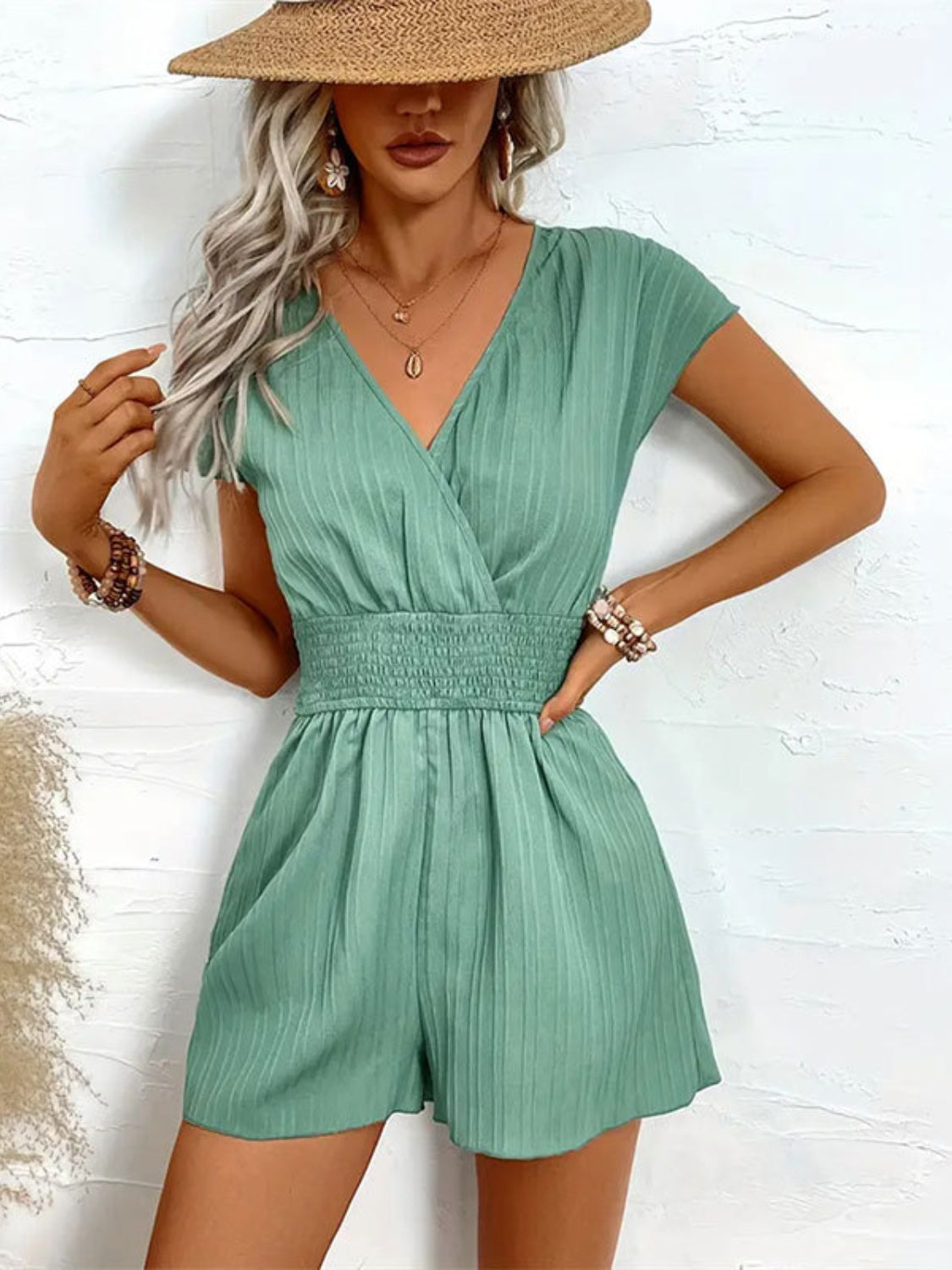 Tied Surplice Short Sleeve Romper-TOPS / DRESSES-[Adult]-[Female]-Air Force Blue-S-2022 Online Blue Zone Planet