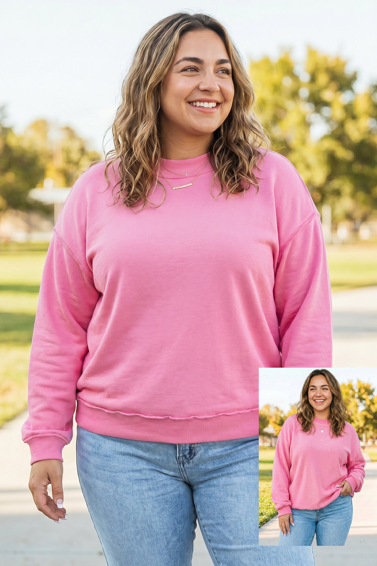 Bright Pink Exposed Seam Detail Reversible Double Wear Plus Size Sweatshirt-Plus Size/Plus Size Sweatshirts & Hoodies-[Adult]-[Female]-Bright Pink-1X-2022 Online Blue Zone Planet