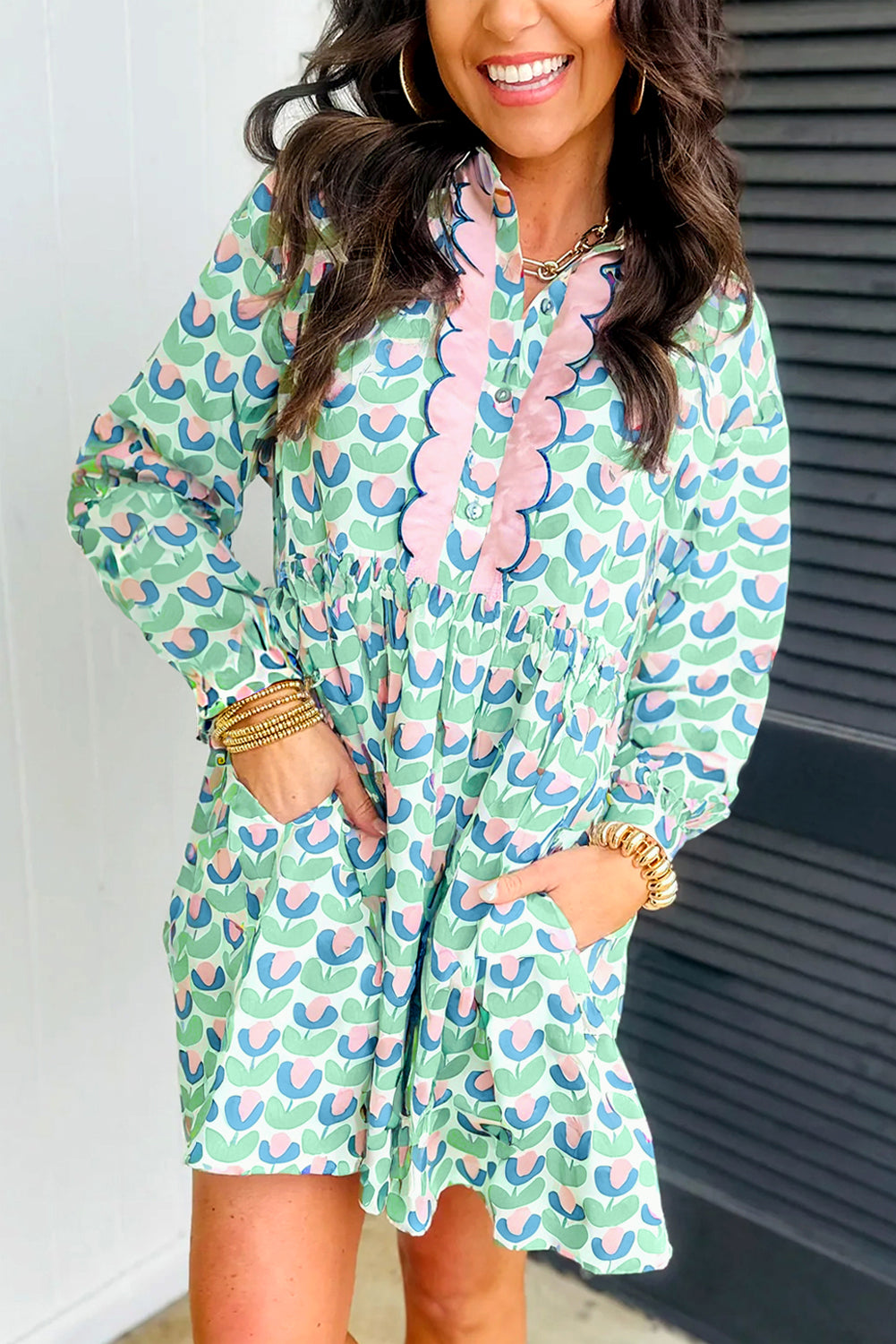 Green Floral Print Notched Neck Scalloped Detail Long Sleeve Mini Dress-TOPS / DRESSES-[Adult]-[Female]-Green-S-2022 Online Blue Zone Planet