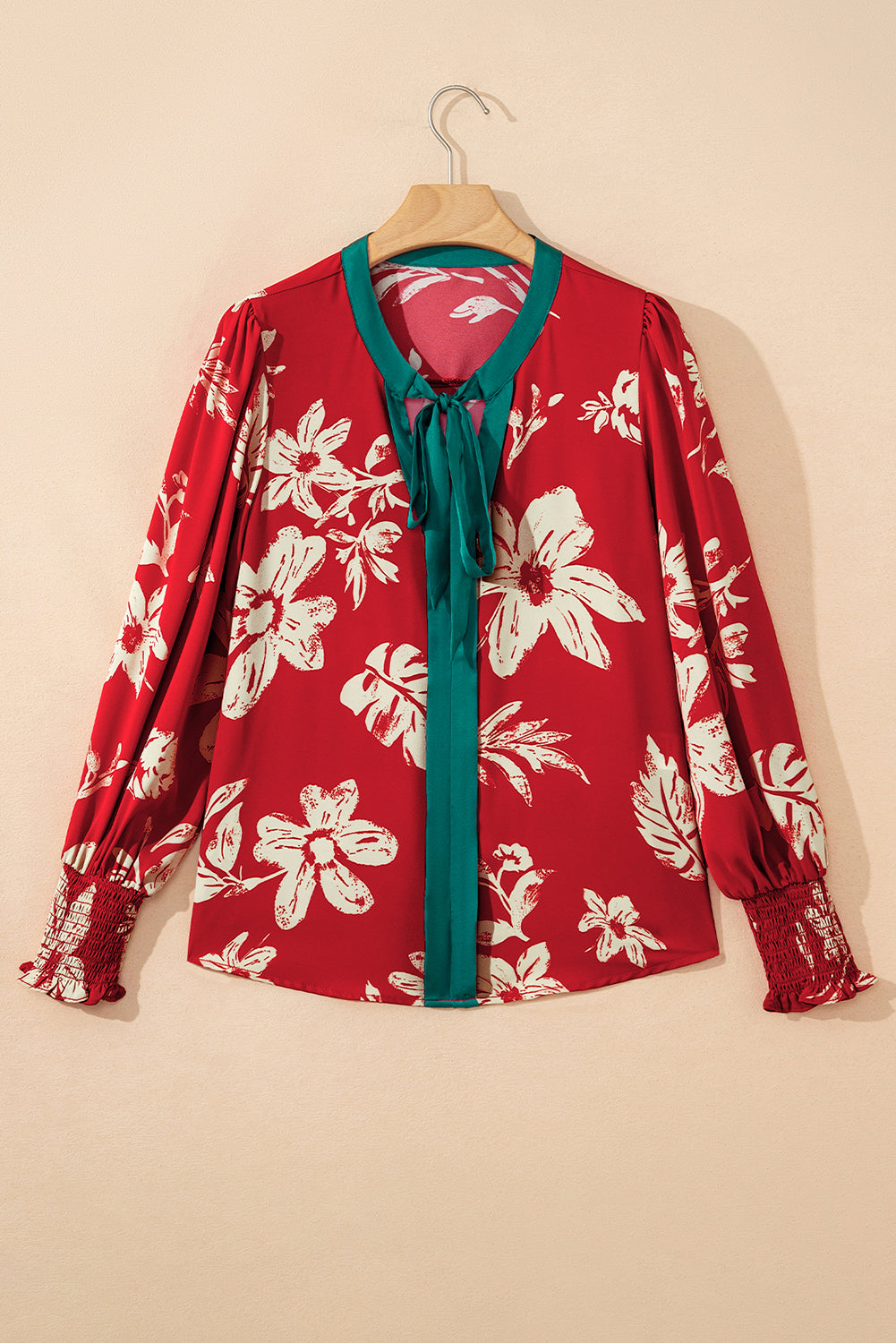 Red Contrast Tied Neck Shirred Puff Sleeve Flower Blouse-Tops/Blouses & Shirts-[Adult]-[Female]-2022 Online Blue Zone Planet