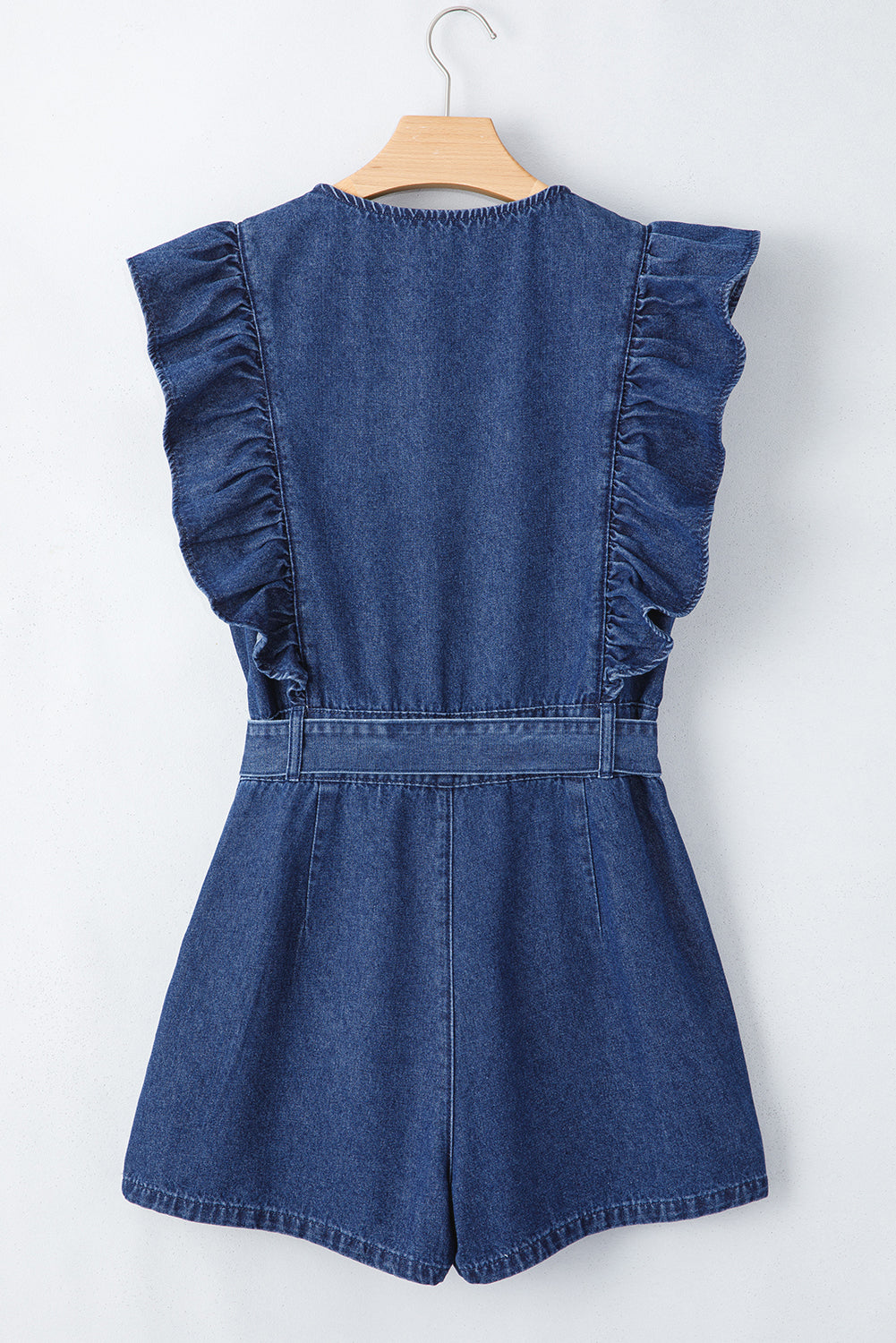 Sail Blue Denim Ruffled Zipped Front Belted Romper-Rompers-[Adult]-[Female]-2022 Online Blue Zone Planet