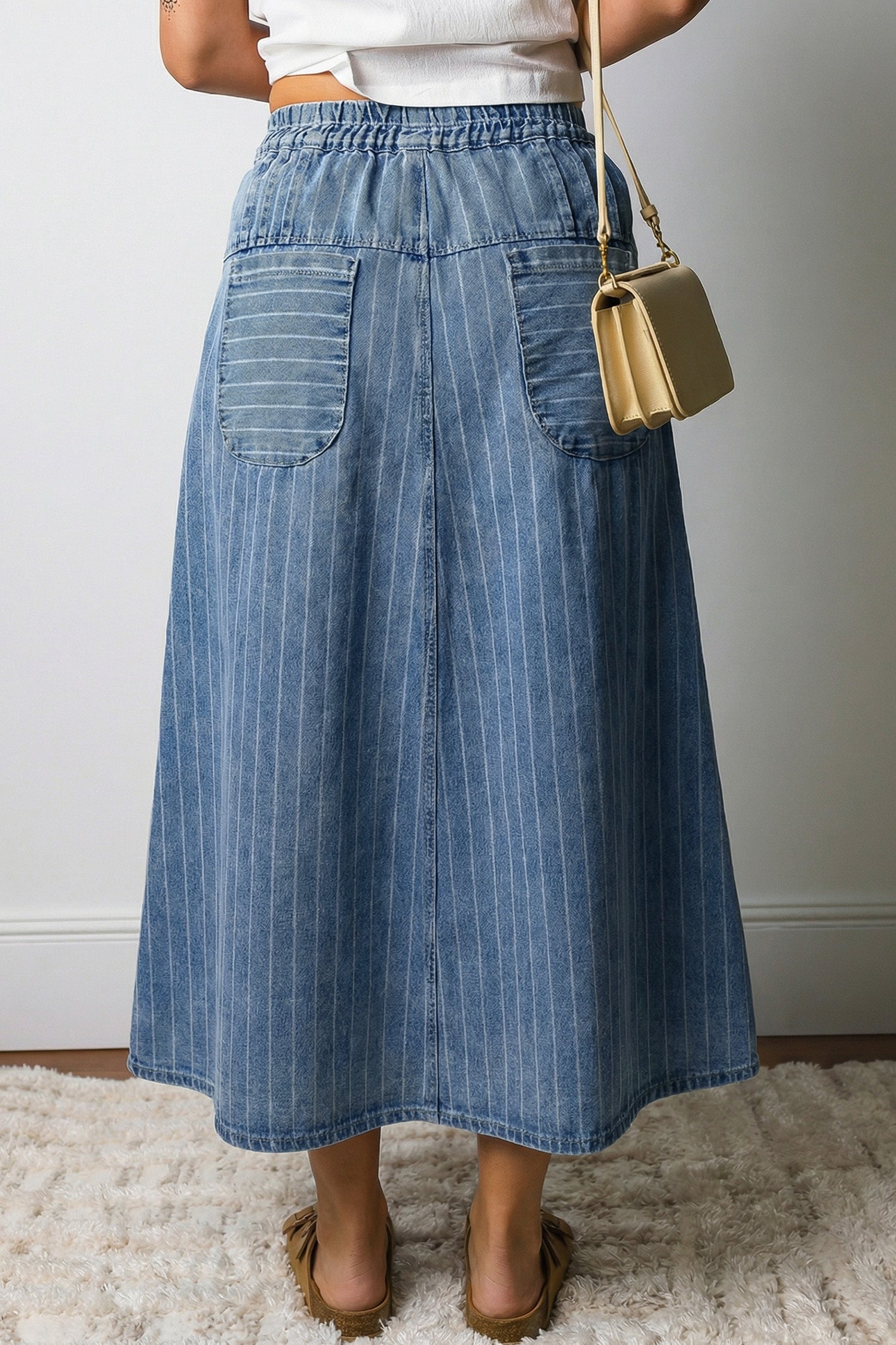 Sky Blue Stripe Button Pintuck High Waist Drawstring Denim Midi Skirt-Bottoms/Skirts & Petticoat-[Adult]-[Female]-2022 Online Blue Zone Planet