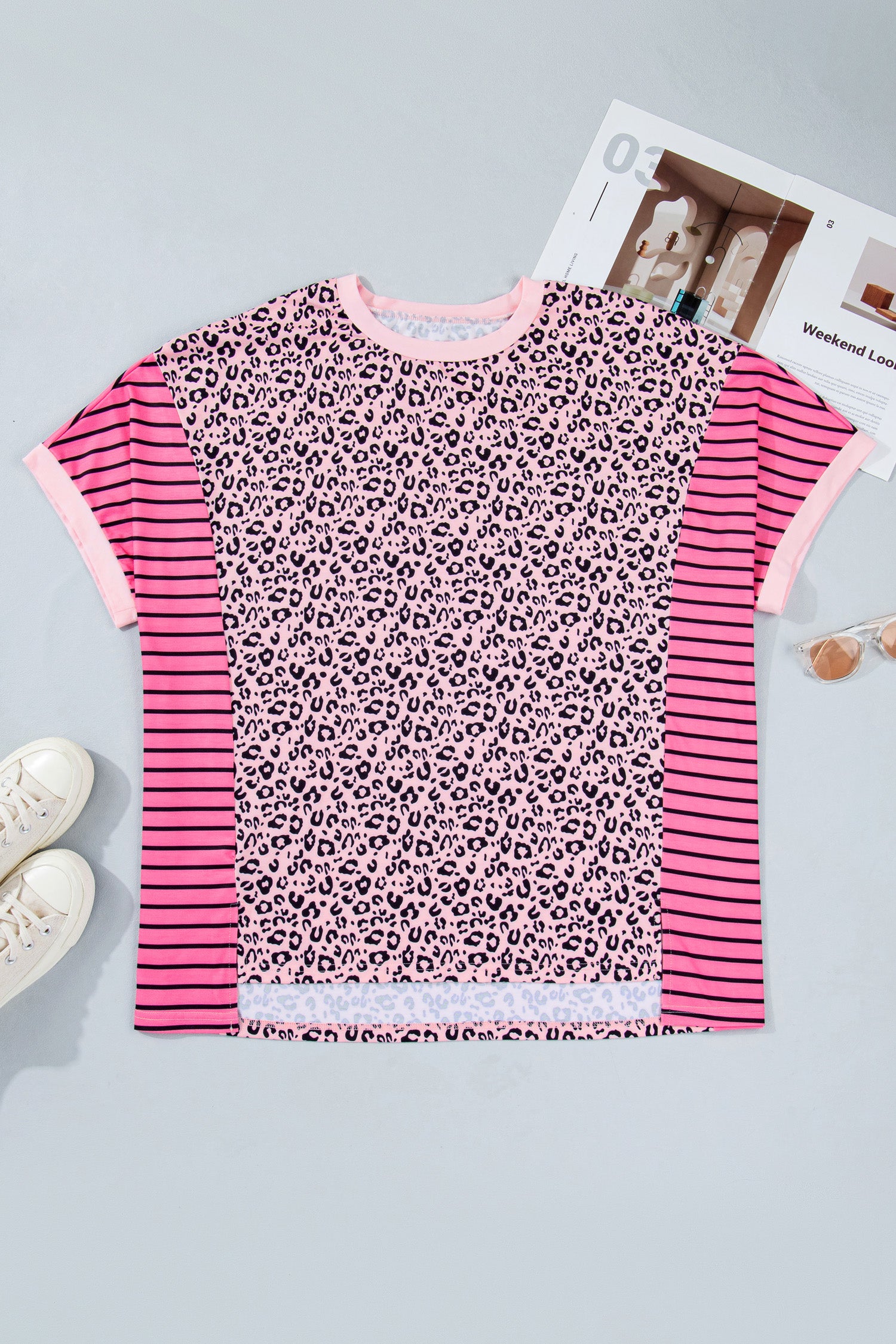 Pink Leopard Striped Contrast Patchwork Plus Size Tee-Plus Size/Plus Size Tops/Plus Size Tops & Tees-[Adult]-[Female]-2022 Online Blue Zone Planet
