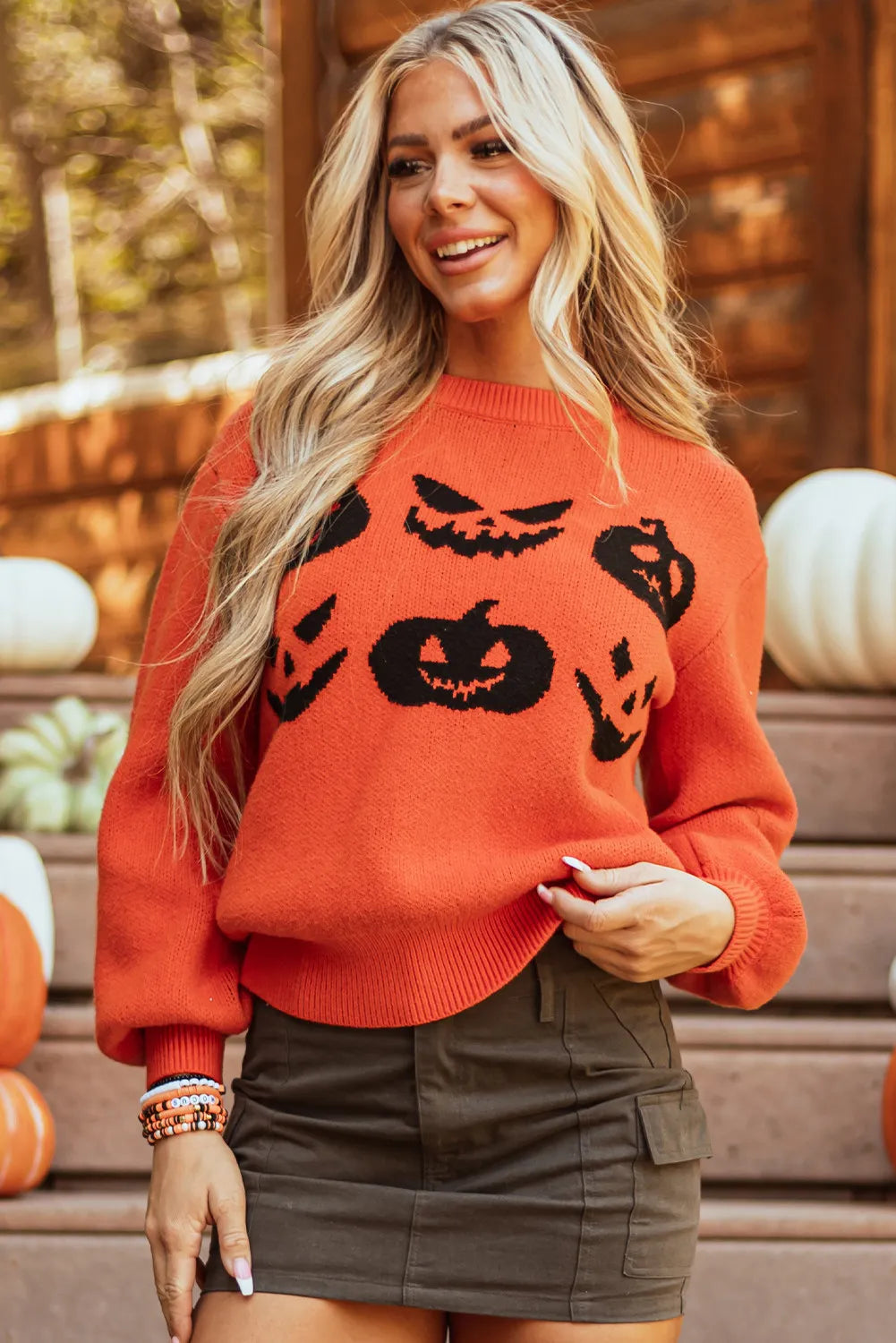 Pumpkin Pattern Round Neck Sweater-TOPS / DRESSES-[Adult]-[Female]-2022 Online Blue Zone Planet