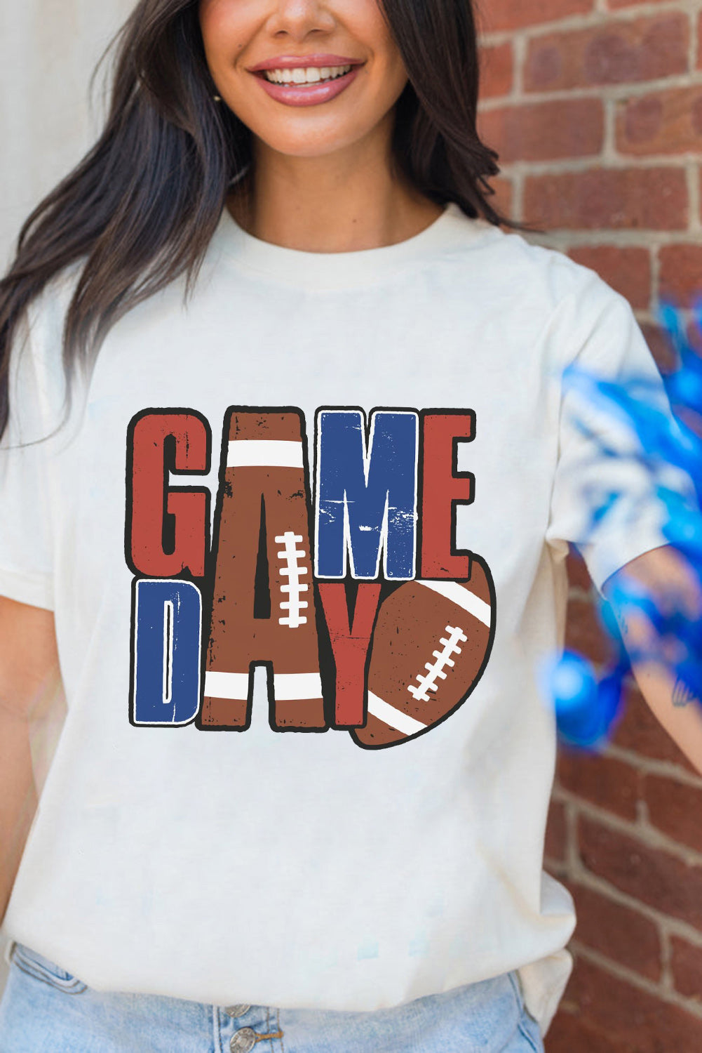 White GAME DAY Football Letter Graphic T Shirt-Graphic/Graphic Tees-[Adult]-[Female]-2022 Online Blue Zone Planet