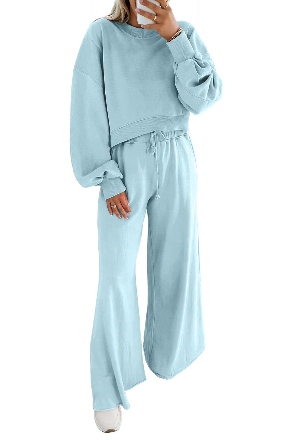Mist Blue Drop Shoulder Puff Sleeve Crop Pullover Drawstring Wide Leg Pants Set-Two Piece Sets/Pant Sets-[Adult]-[Female]-2022 Online Blue Zone Planet