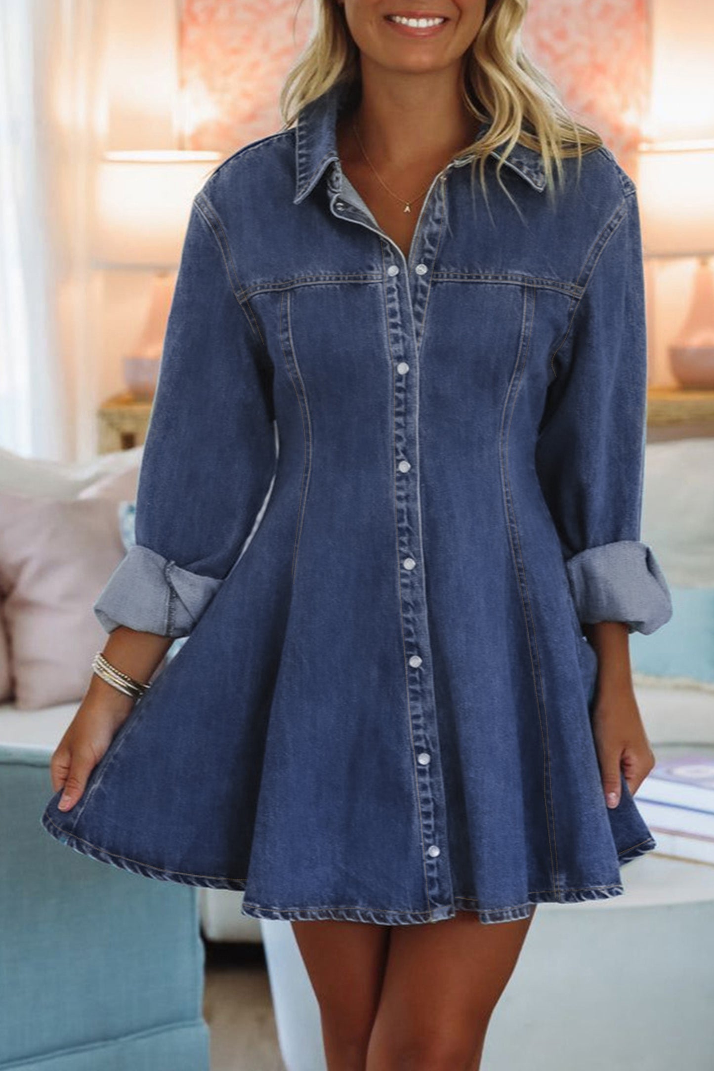 Ashleigh Blue Denim Shirt Collar Long Sleeve Flared Mini Dress-TOPS / DRESSES-[Adult]-[Female]-Ashleigh Blue-S-2022 Online Blue Zone Planet