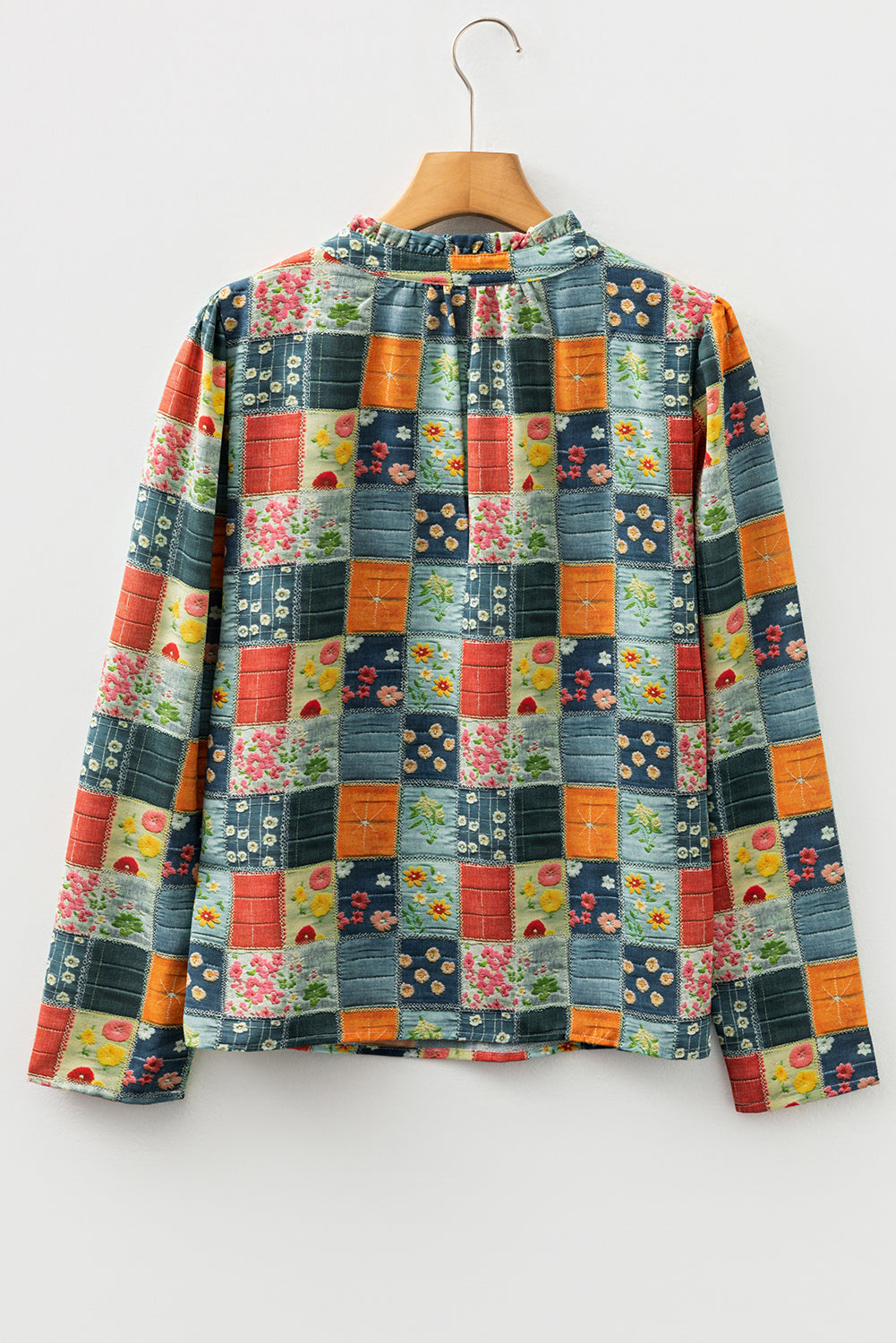 Sky Blue Fall Floral Half Placket Collared V Neck Blouse-Tops/Blouses & Shirts-[Adult]-[Female]-2022 Online Blue Zone Planet