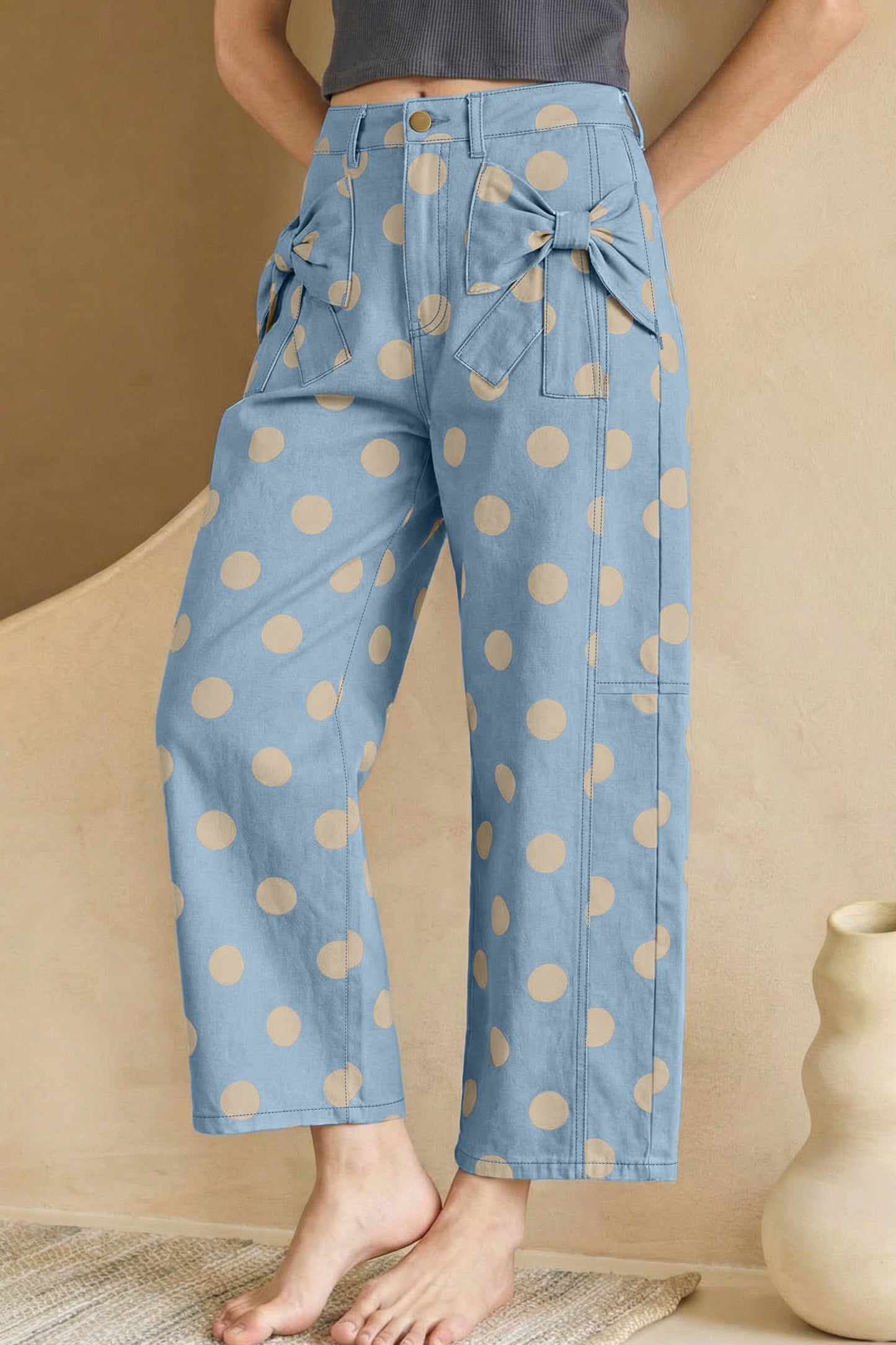 White Polka Dot Print Bow Detail Pocketed Jeans-Bottoms/Jeans-[Adult]-[Female]-Sky Blue-4-2022 Online Blue Zone Planet