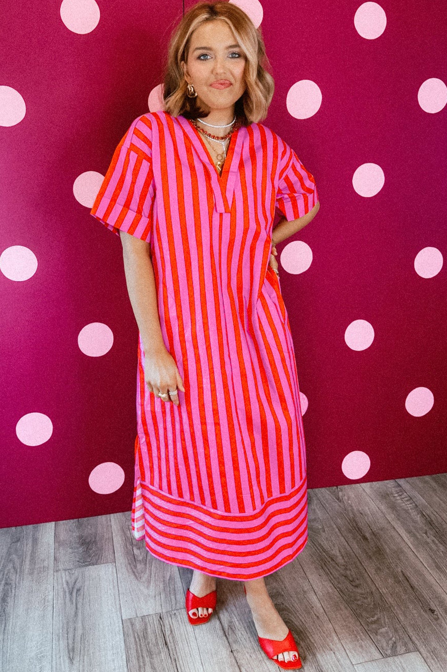 Red Stripe V Neck Cuffed Sleeve Relaxed Split Midi Dress-Dresses/Midi Dresses-[Adult]-[Female]-2022 Online Blue Zone Planet